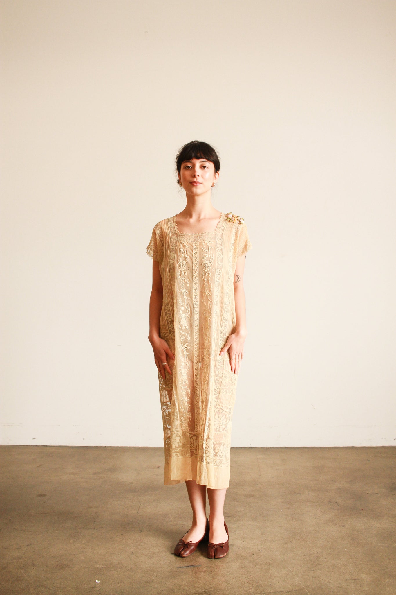 1920s Beige Filet Lace Embroidered Dress