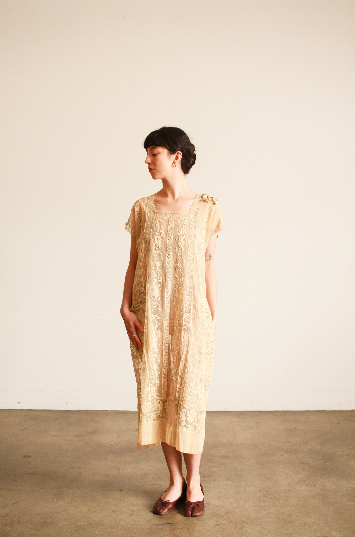 1920s Beige Filet Lace Embroidered Dress