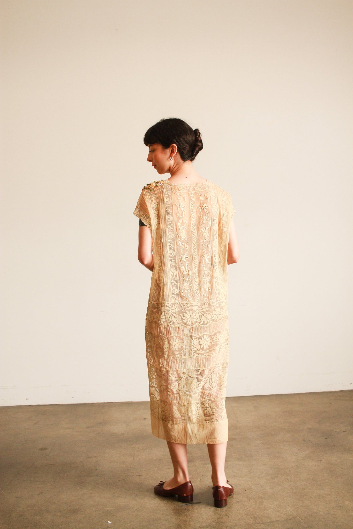 1920s Beige Filet Lace Embroidered Dress