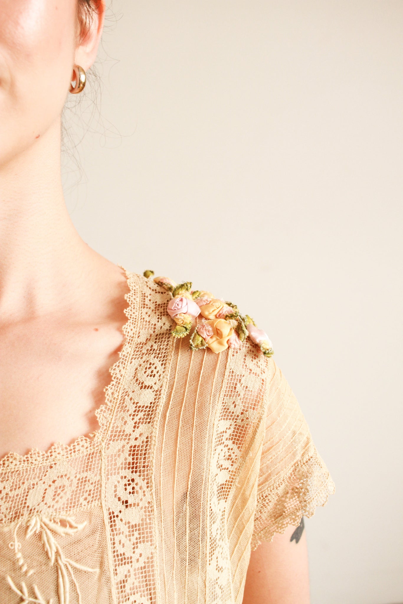 1920s Beige Filet Lace Embroidered Dress