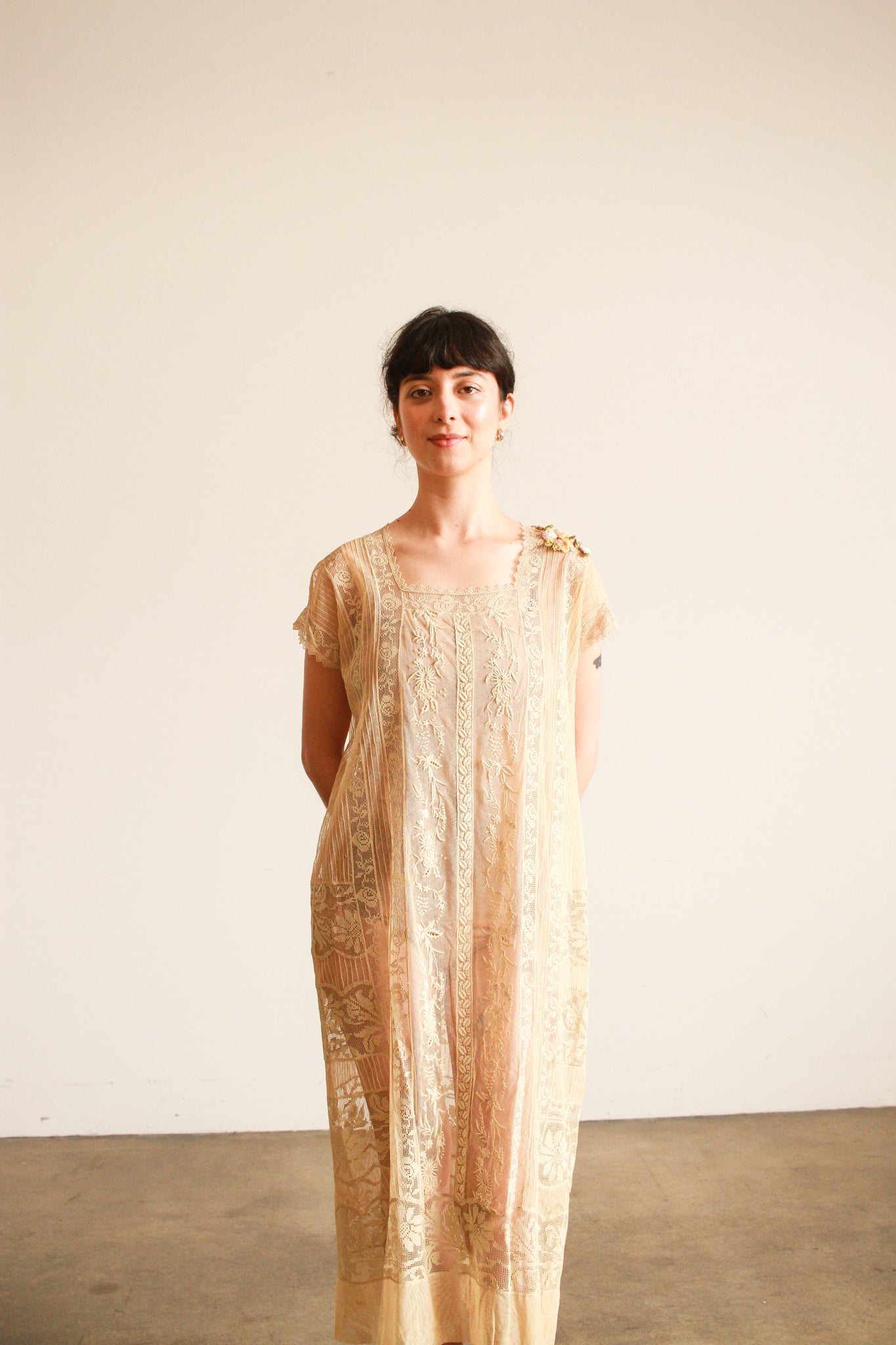 1920s Beige Filet Lace Embroidered Dress