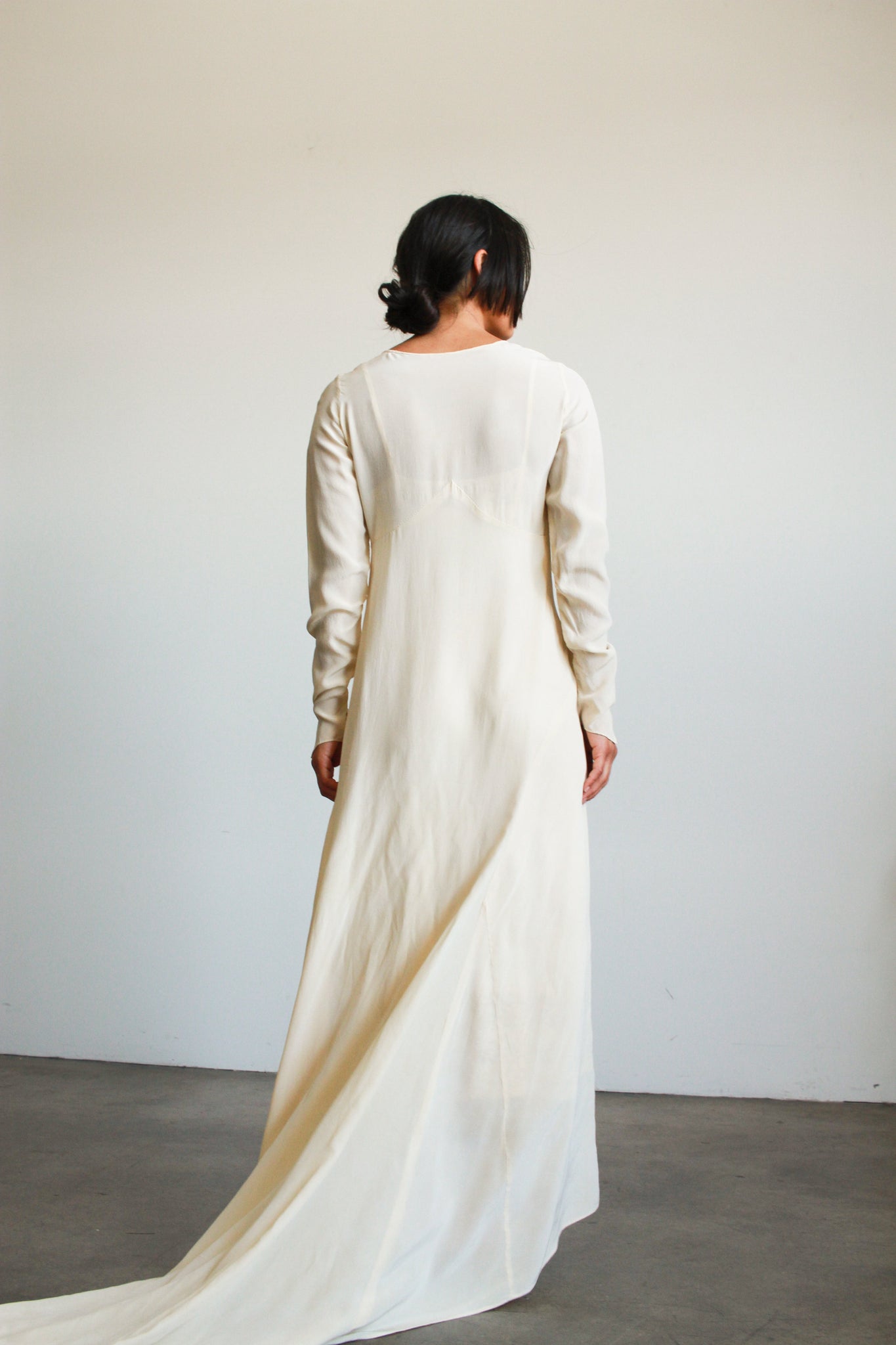 1930s Ecru Silk Bias Long Sleeve Gown