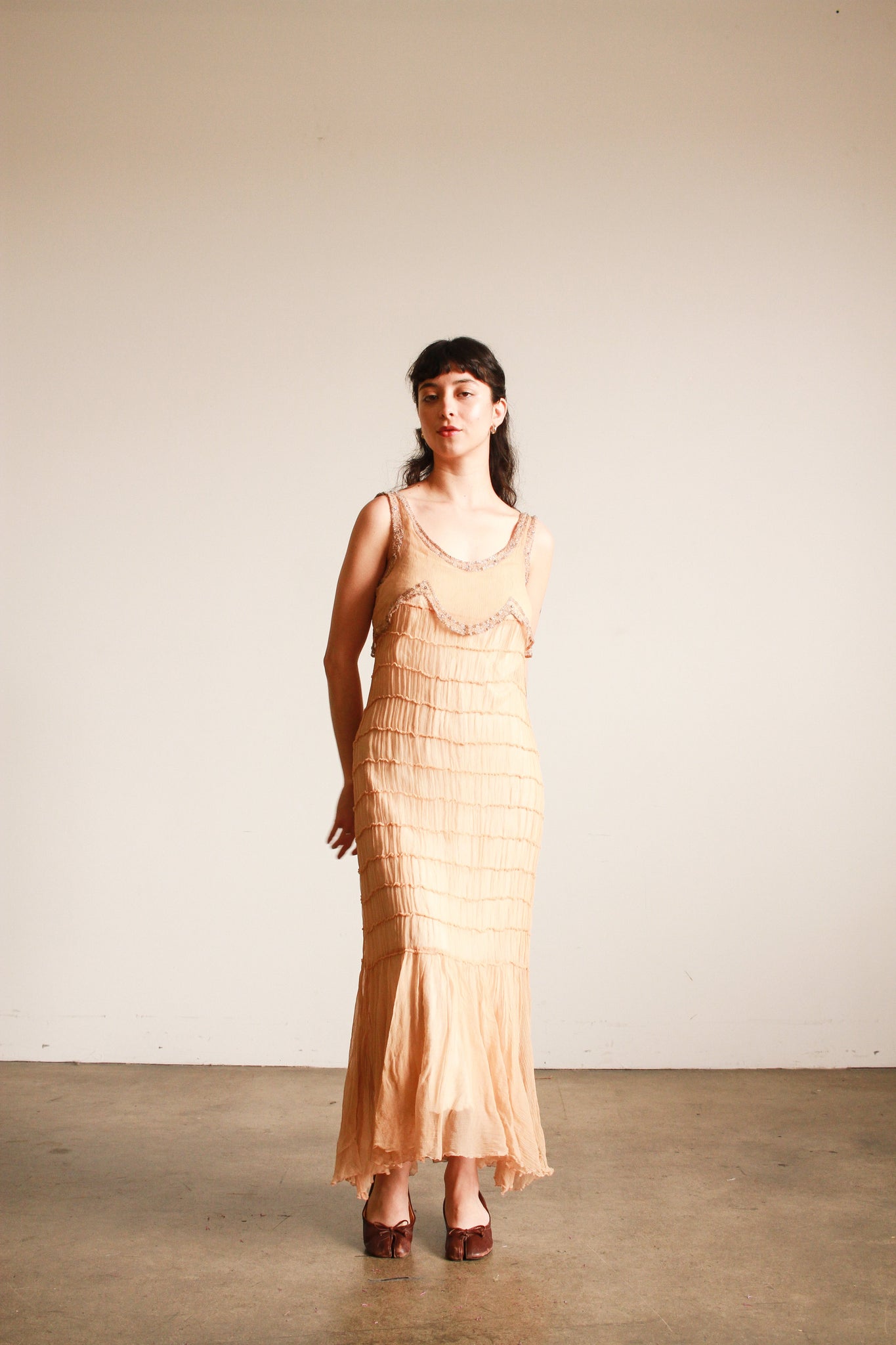 1920s Peach Silk Chiffon Beaded Tiered Dress