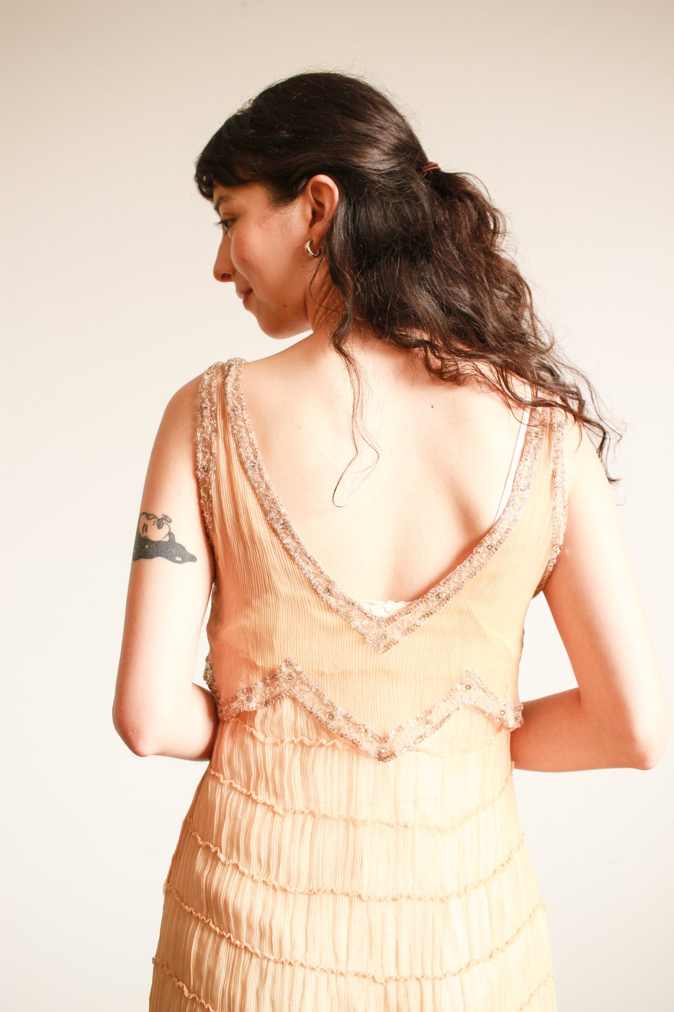 1920s Peach Silk Chiffon Beaded Tiered Dress