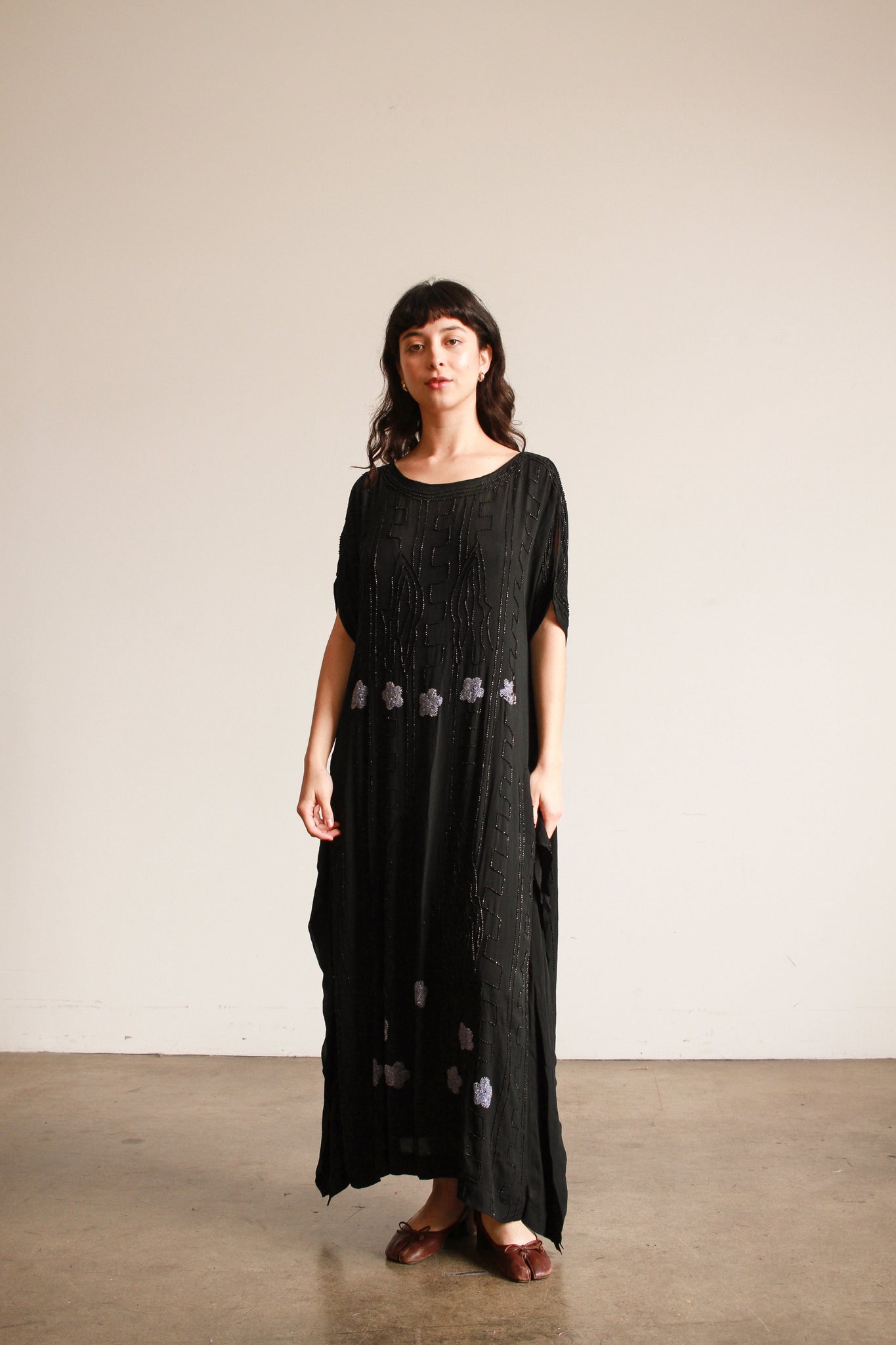 1920s Black Silk Floral Beaded Shift Dress