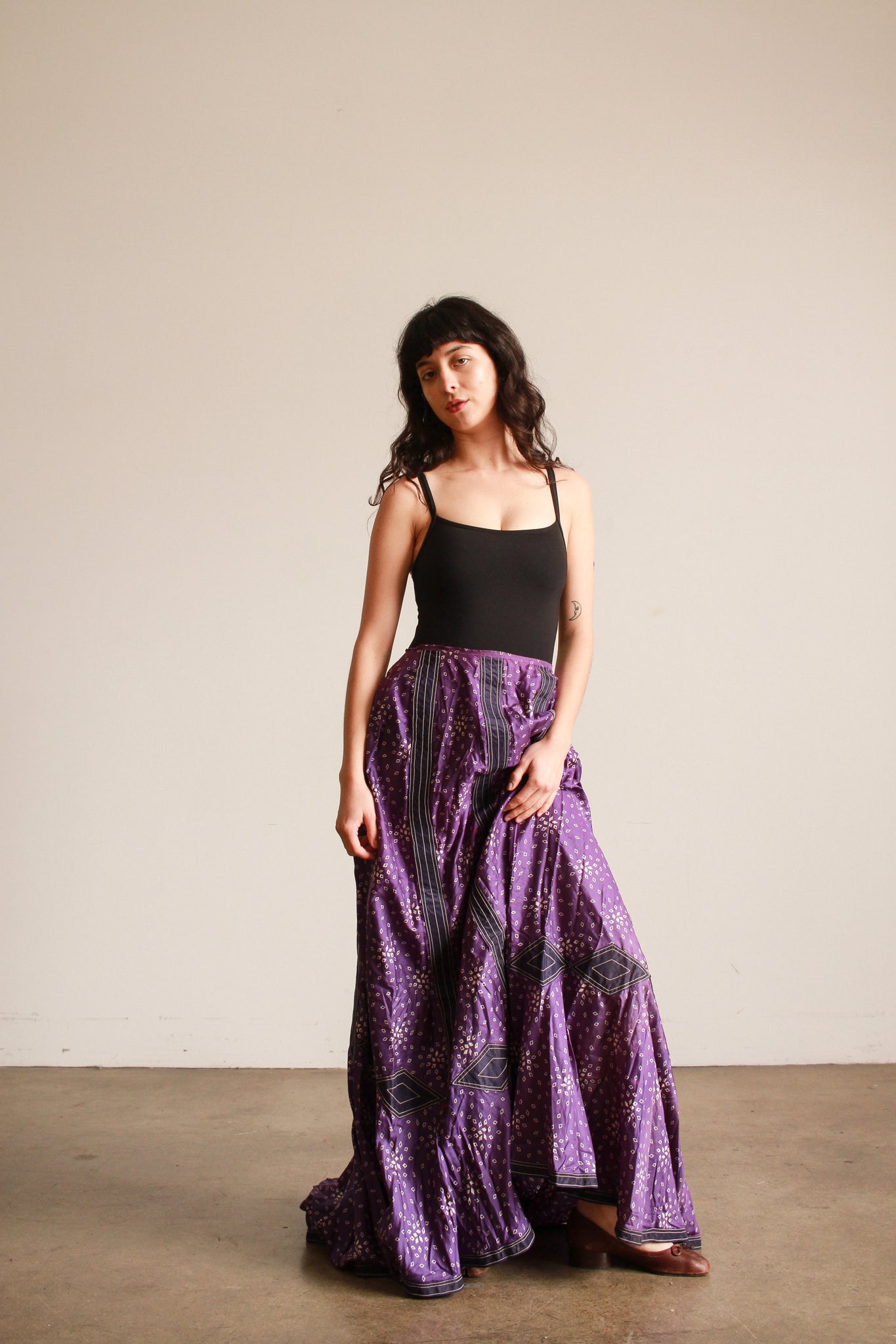 Antique Victorian Violet Silk Print Long Skirt