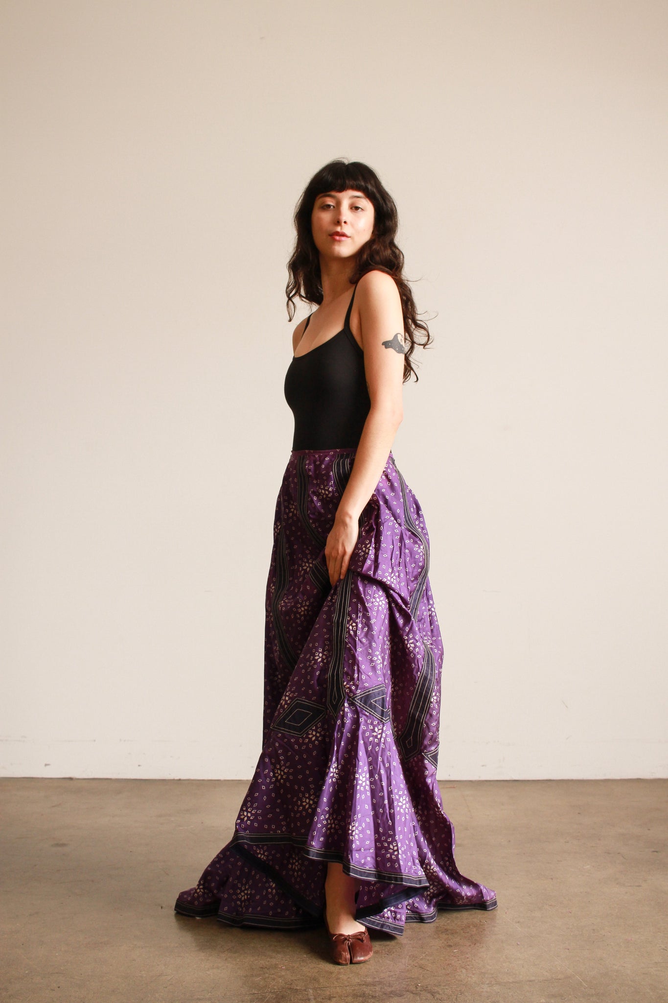 Antique Victorian Violet Silk Print Long Skirt