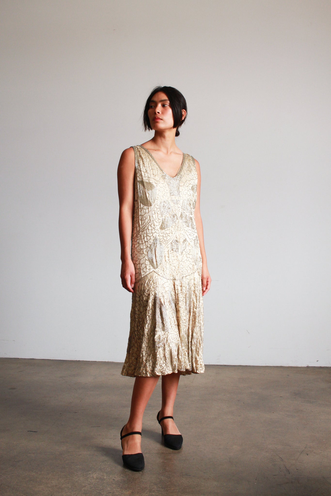 1920s Silver Satin Beaded Flapper Dress