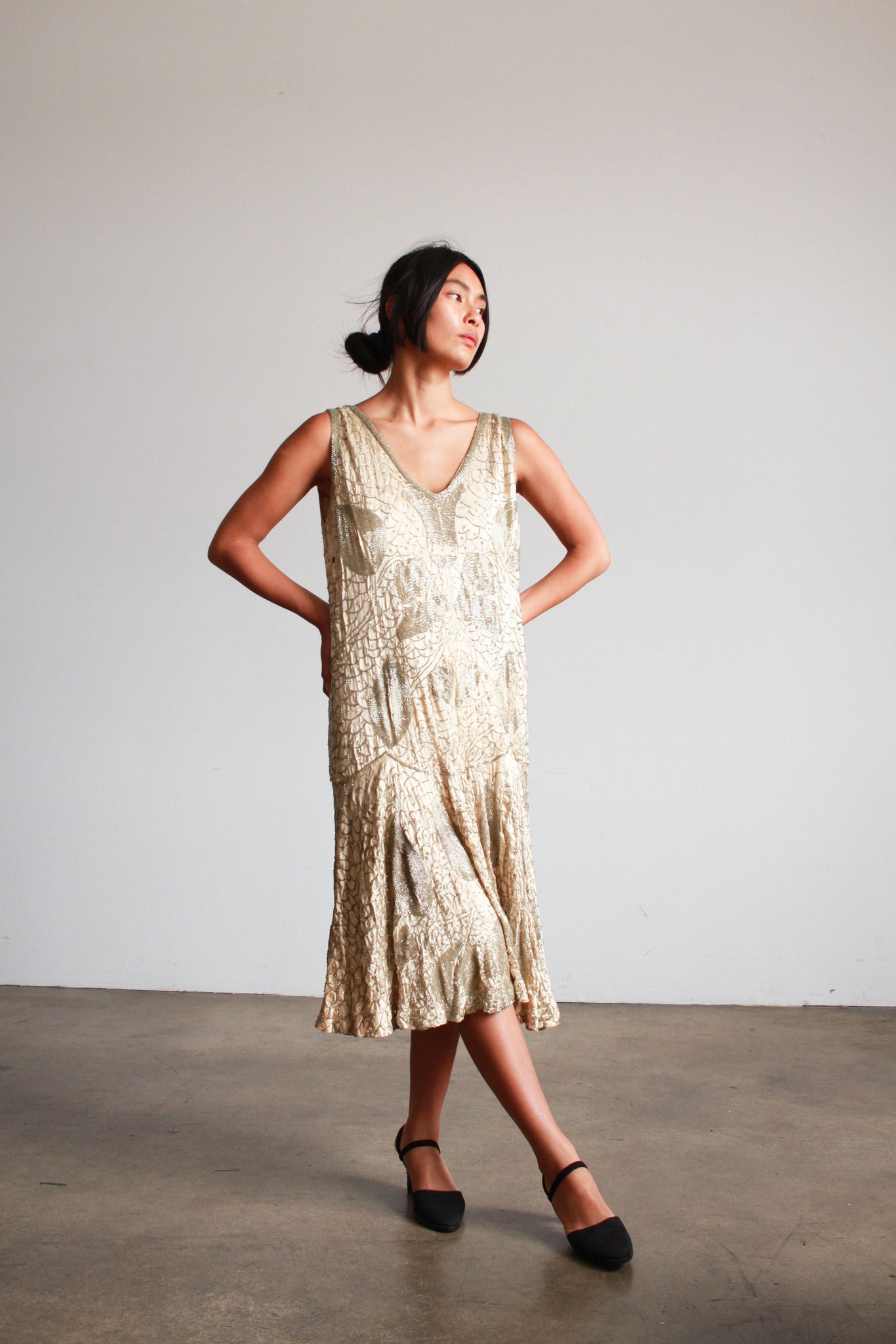 1920s Silver Satin Beaded Flapper Dress