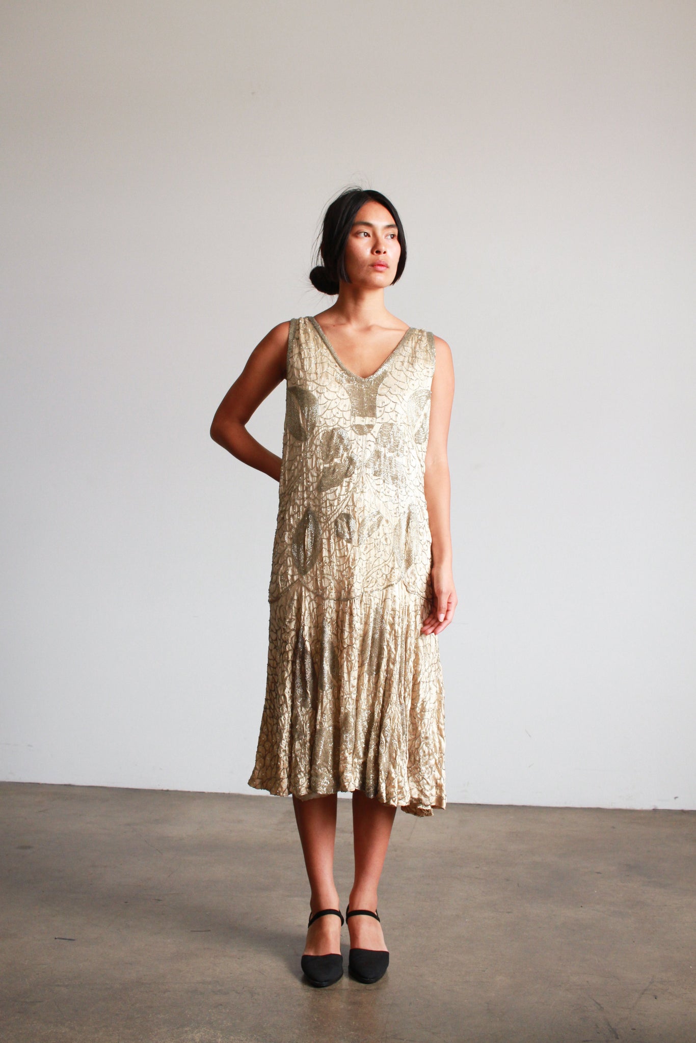 1920s Silver Satin Beaded Flapper Dress