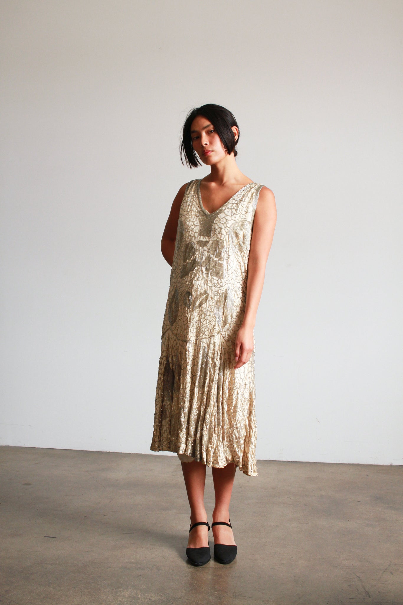 1920s Silver Satin Beaded Flapper Dress