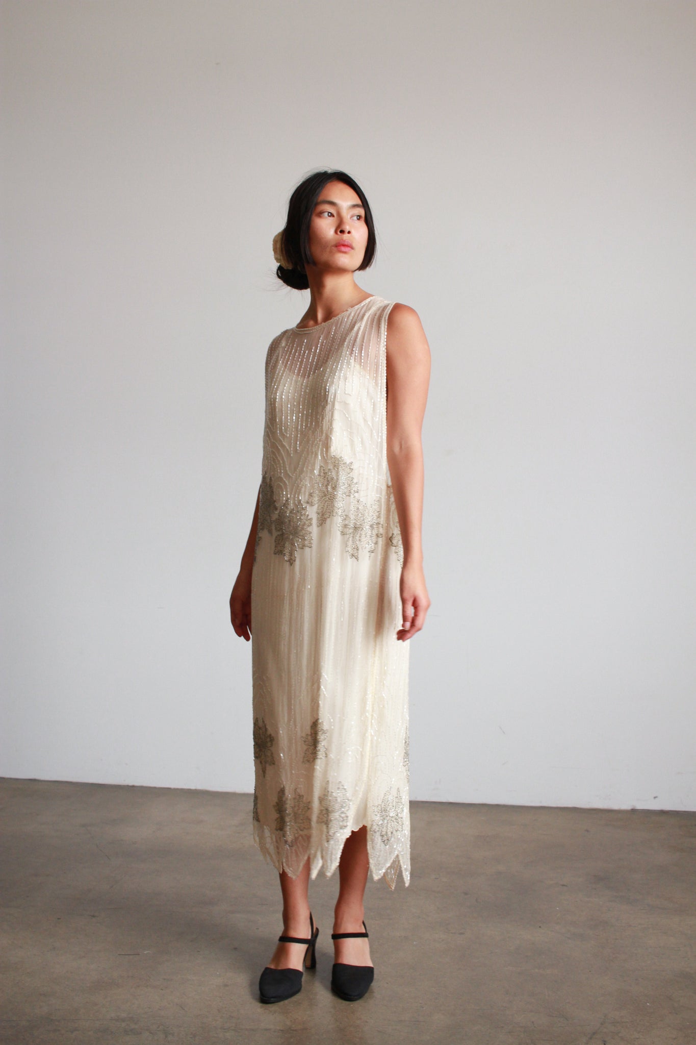 1920s Silk Chiffon Beaded Shift Dress