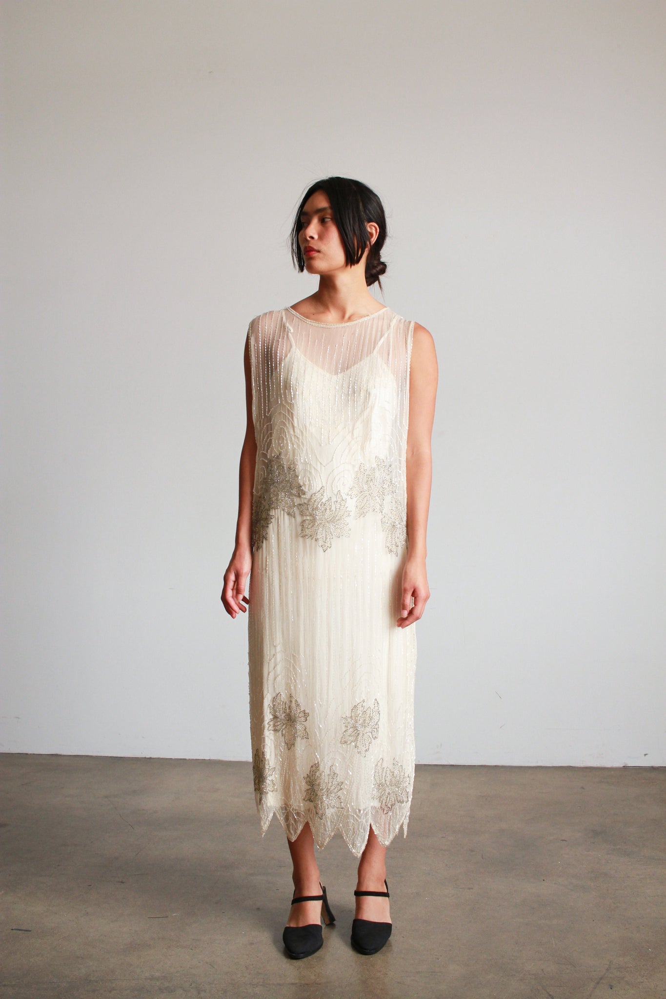 1920s Silk Chiffon Beaded Shift Dress