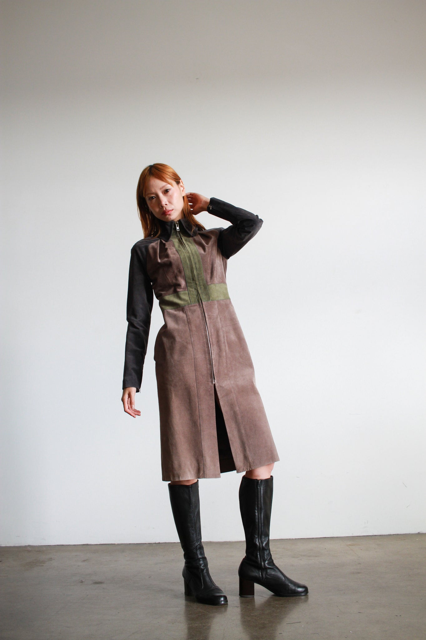 2000s Ossie Clark Suede Patchwork Zip Up Dress