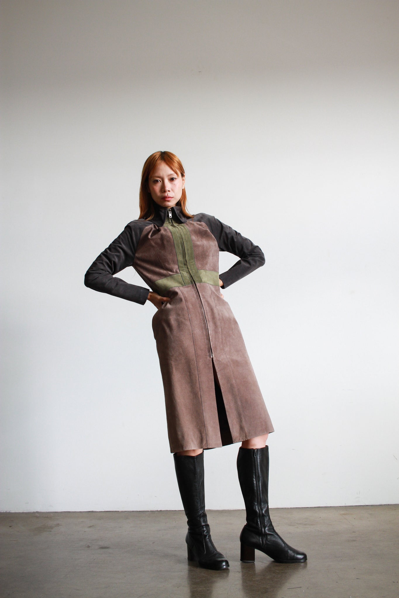 2000s Ossie Clark Suede Patchwork Zip Up Dress