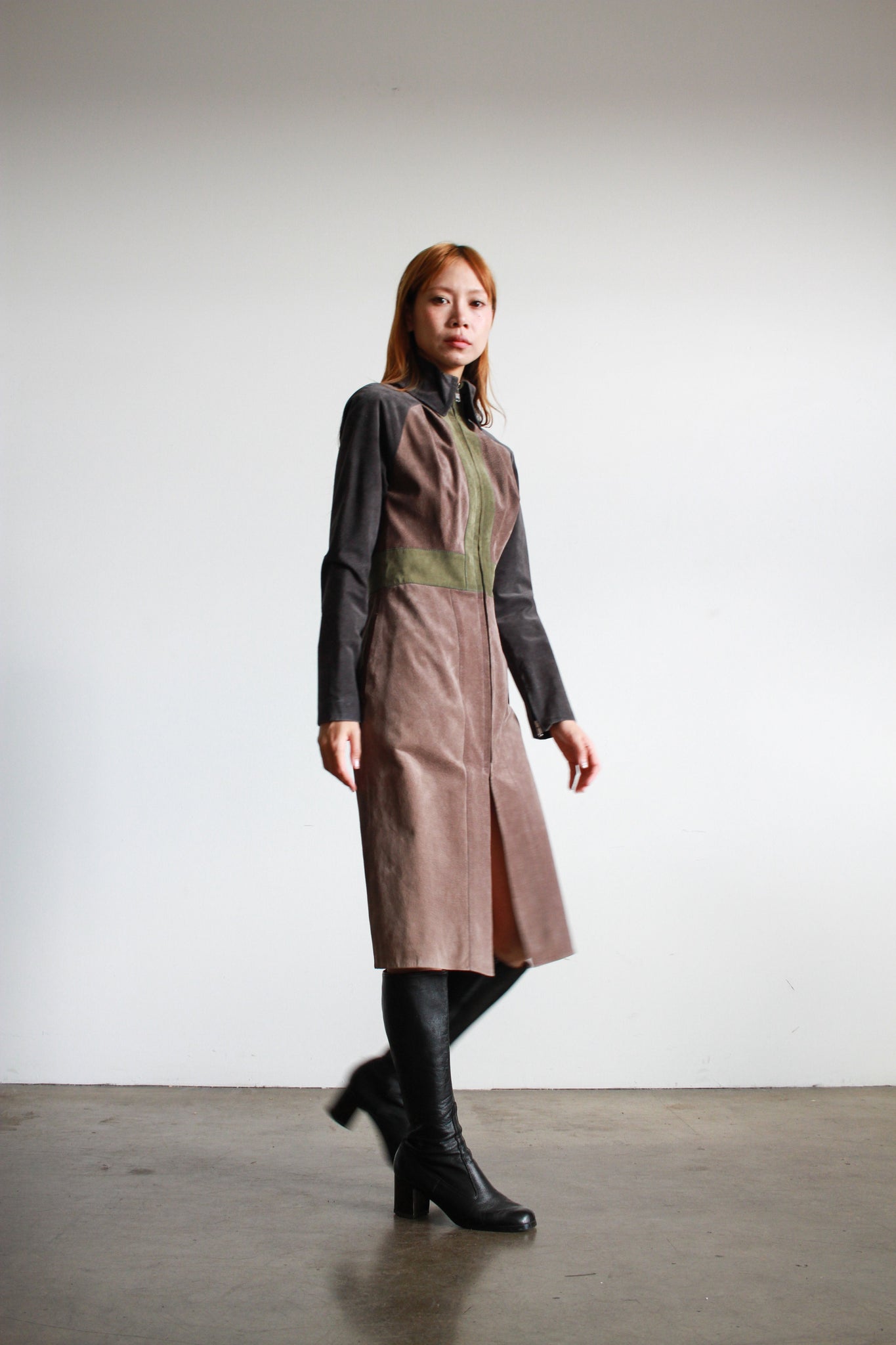 2000s Ossie Clark Suede Patchwork Zip Up Dress