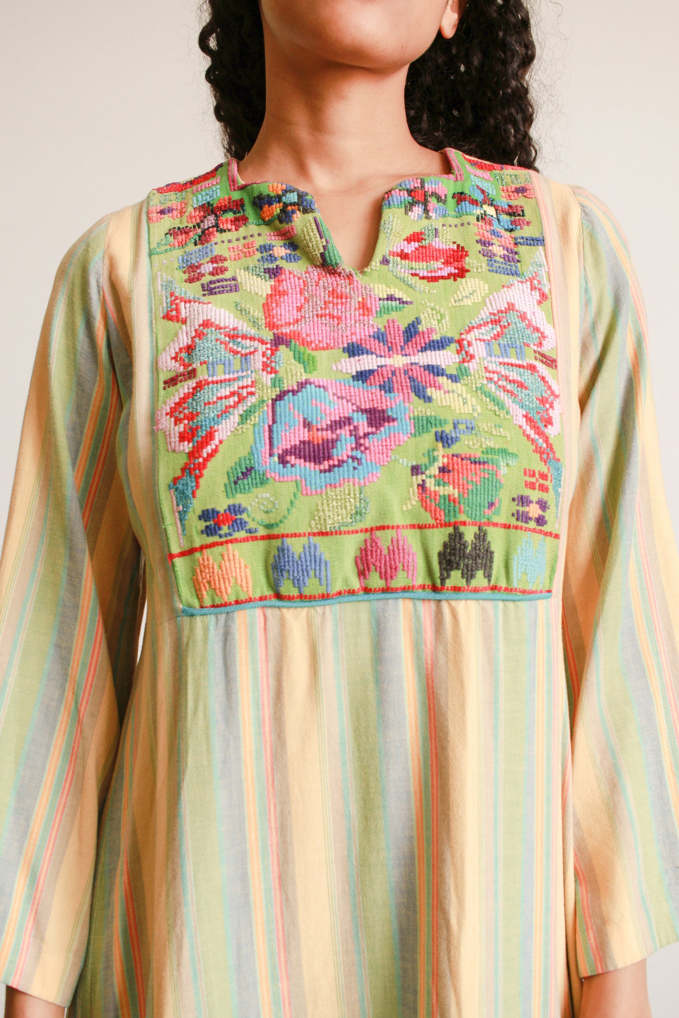 1960s Cotton Striped Embroidered Kaftan