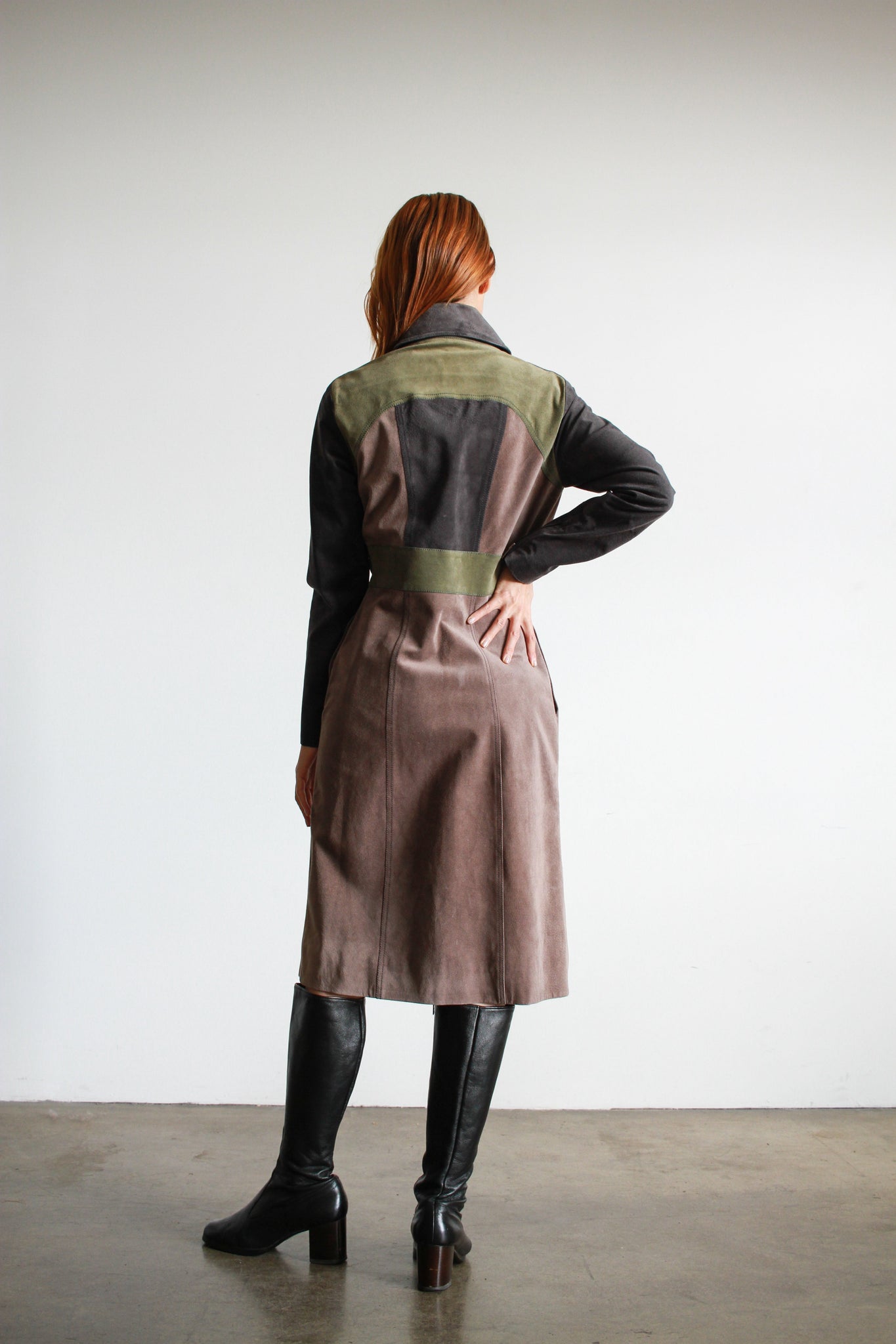 2000s Ossie Clark Suede Patchwork Zip Up Dress