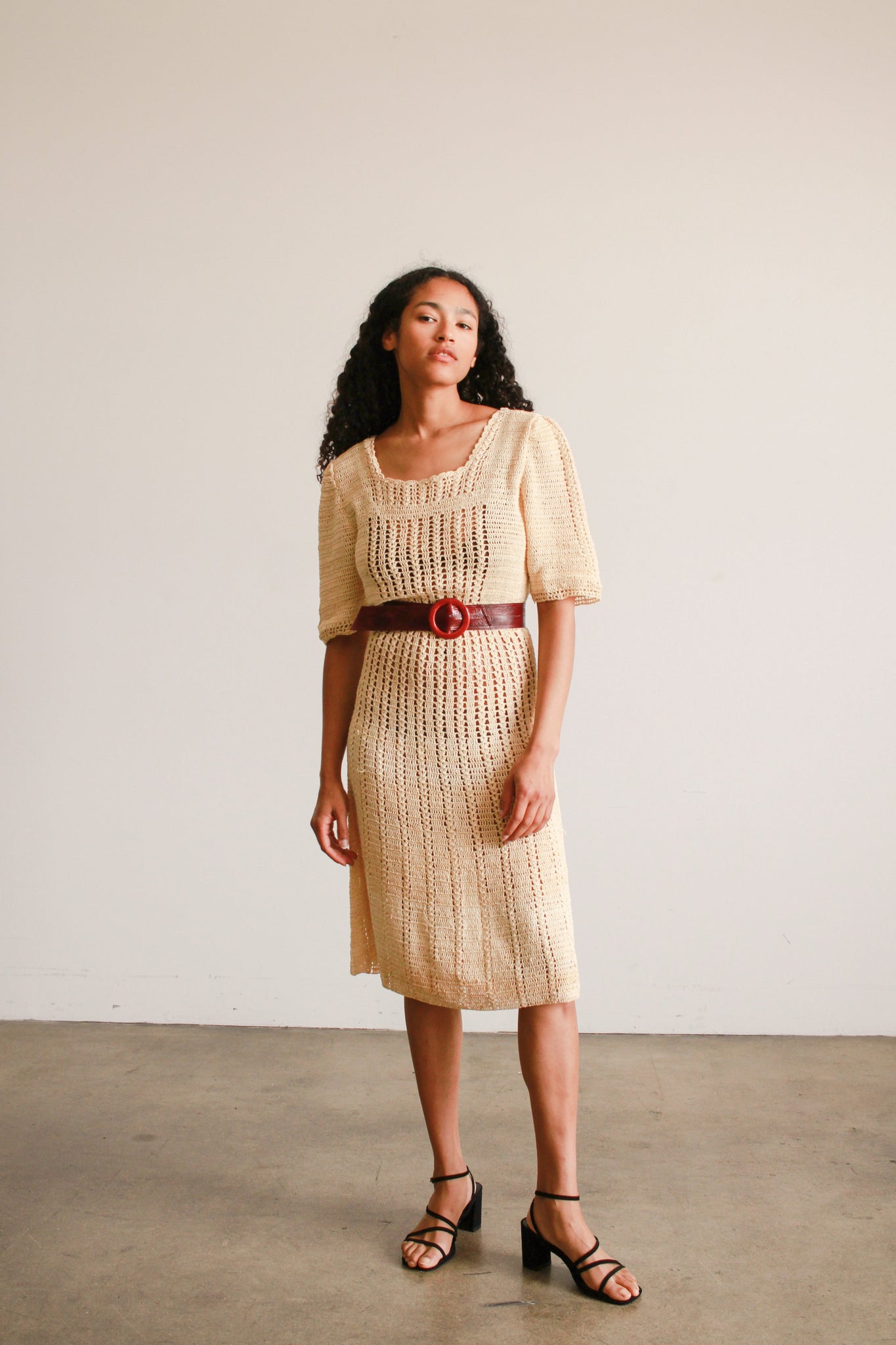 1970s Cream Crochet Knit Midi Dress