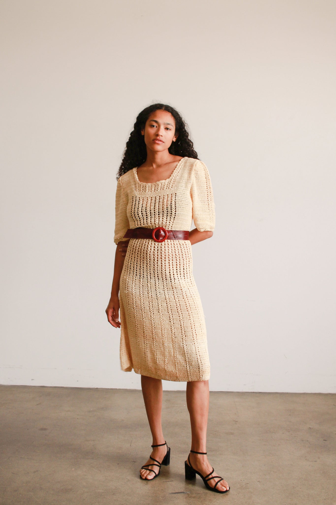 1970s Cream Crochet Knit Midi Dress