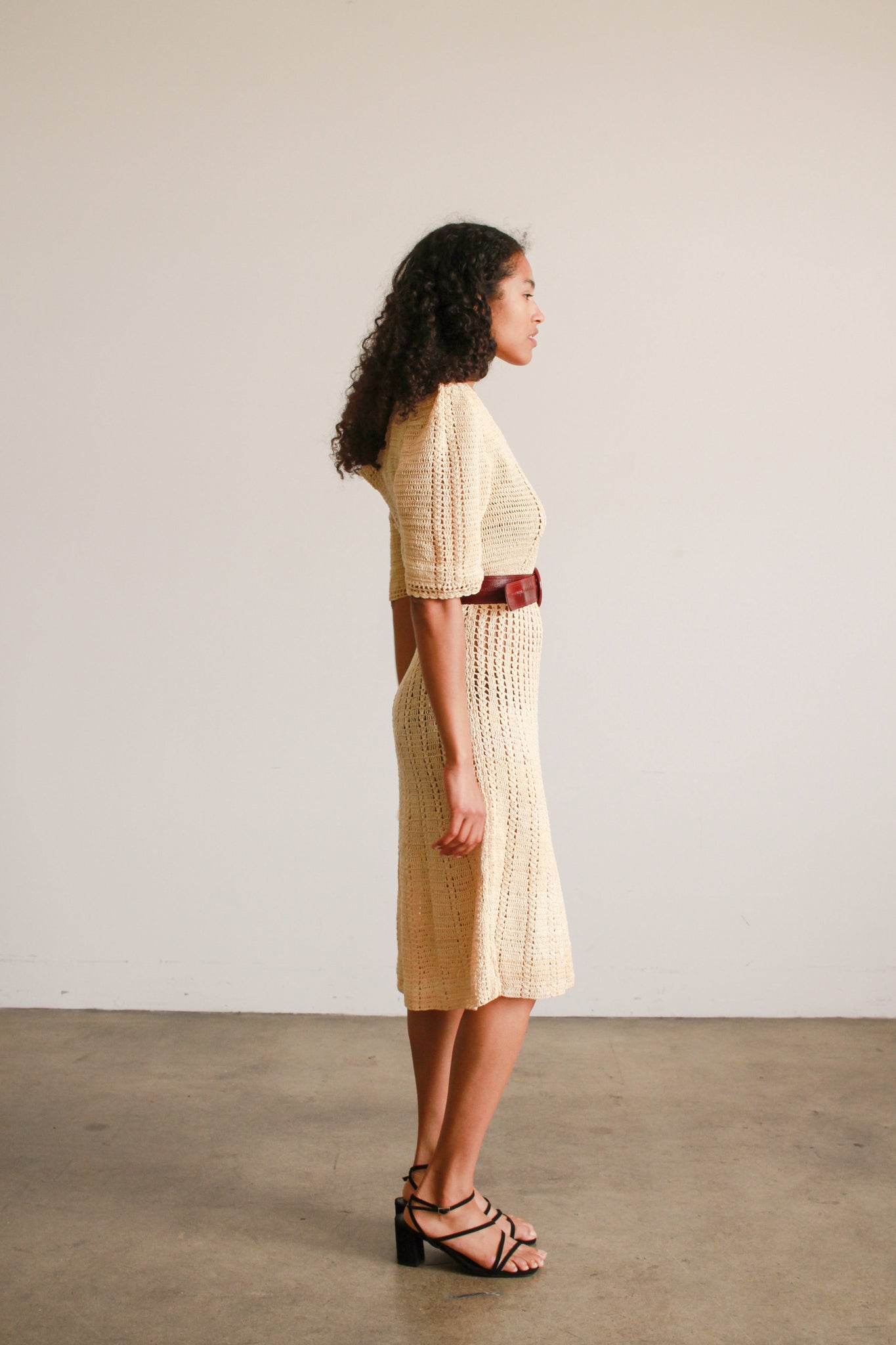 1970s Cream Crochet Knit Midi Dress