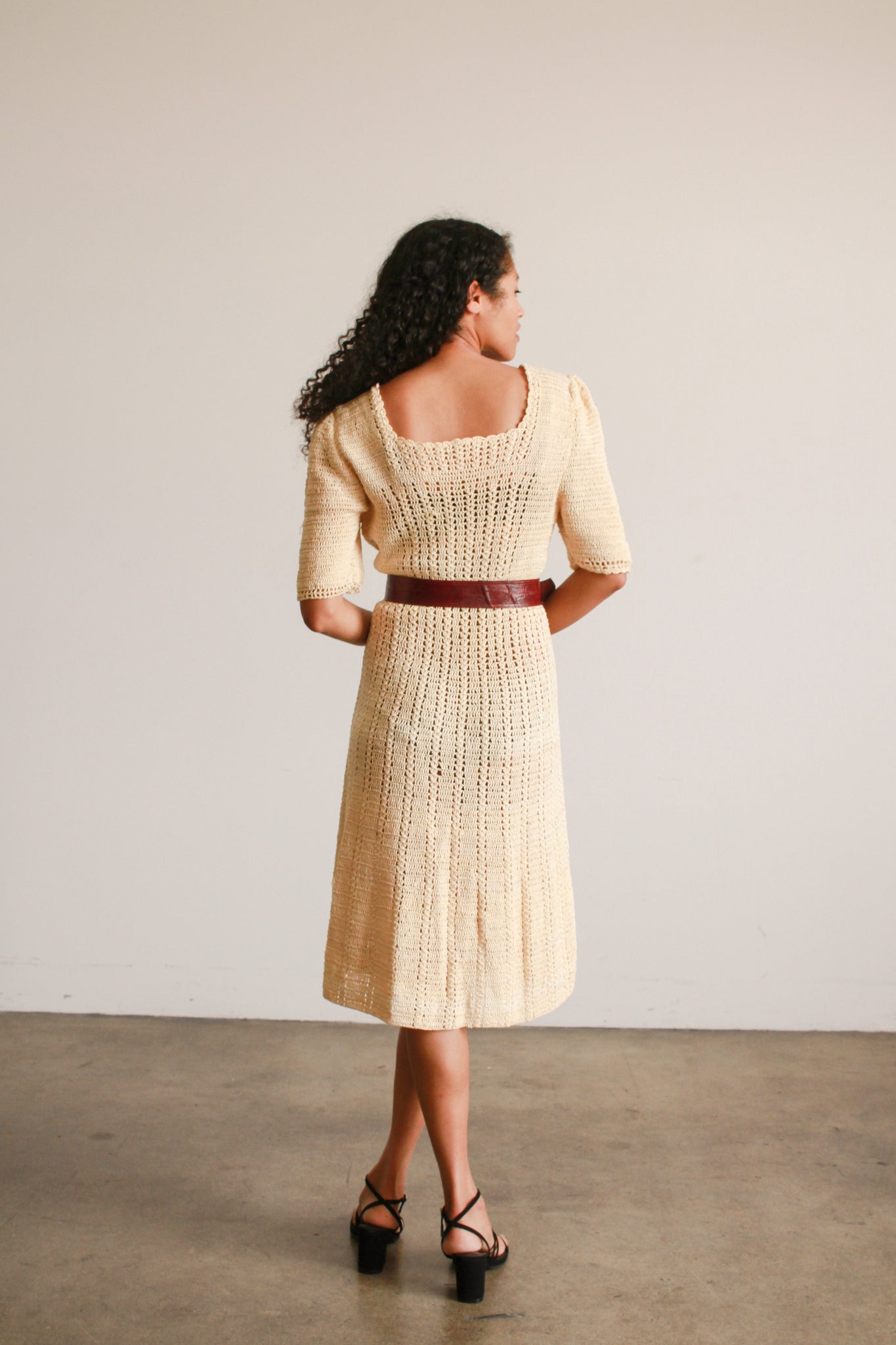 1970s Cream Crochet Knit Midi Dress