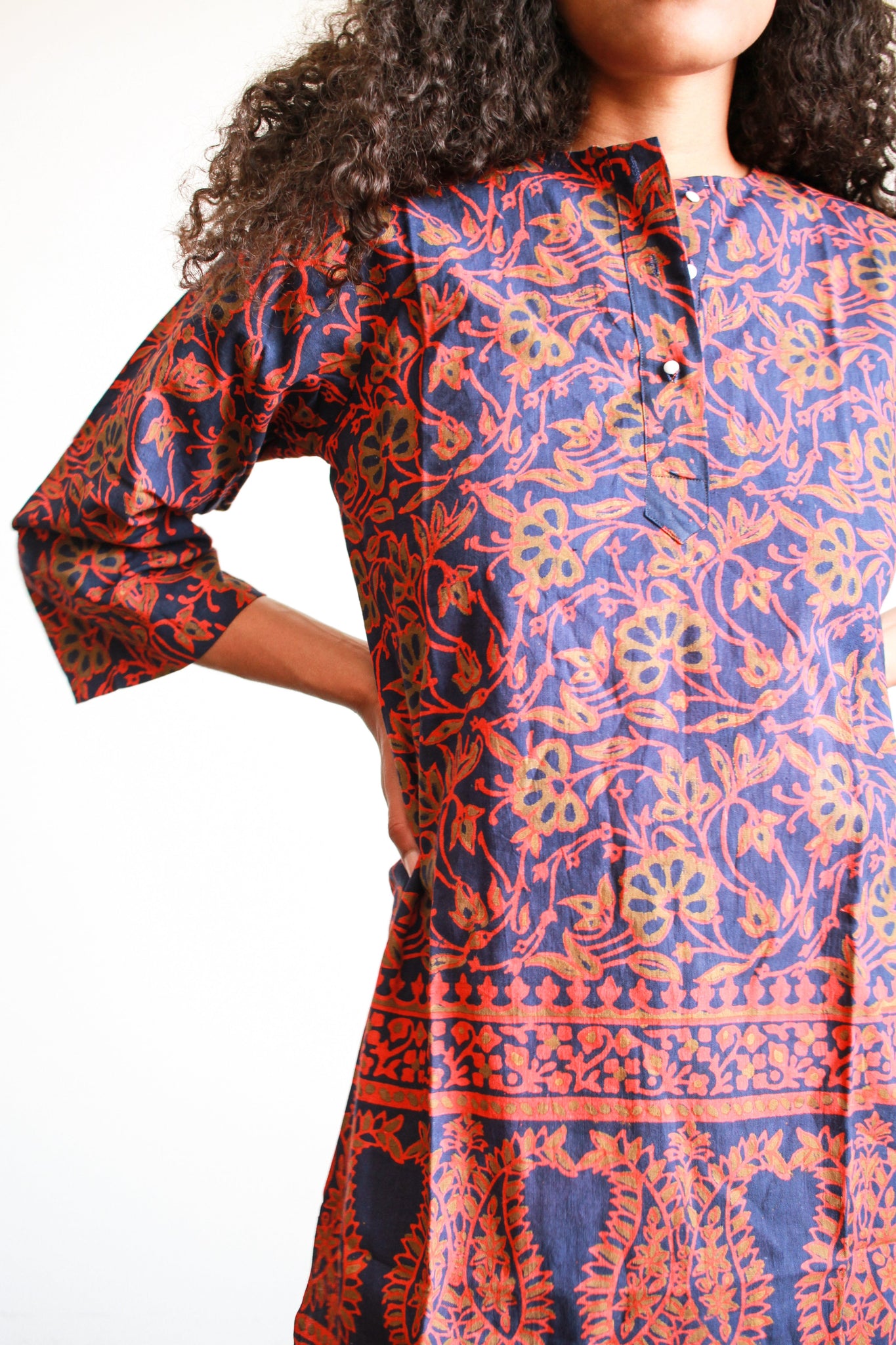 1970s Navy Block Print Cotton Tunic