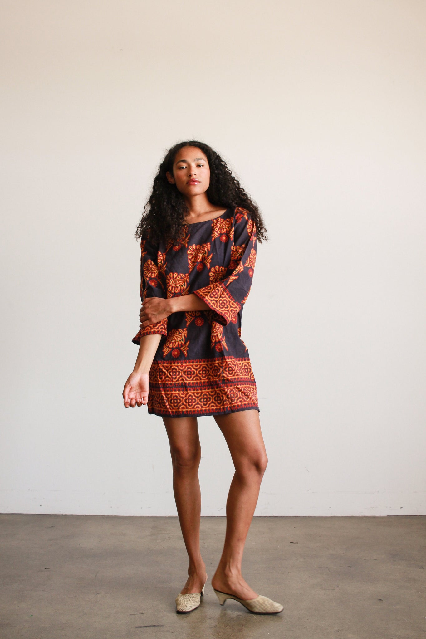 1970s Indian Block Print Cotton Mini Dress