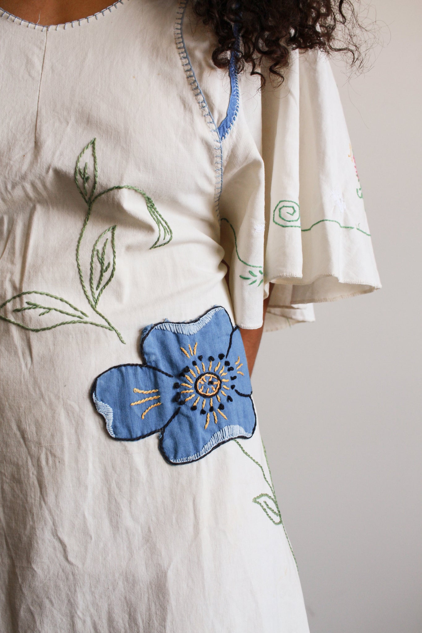 1970s Patchwork Embroidered Tablecloth Dress