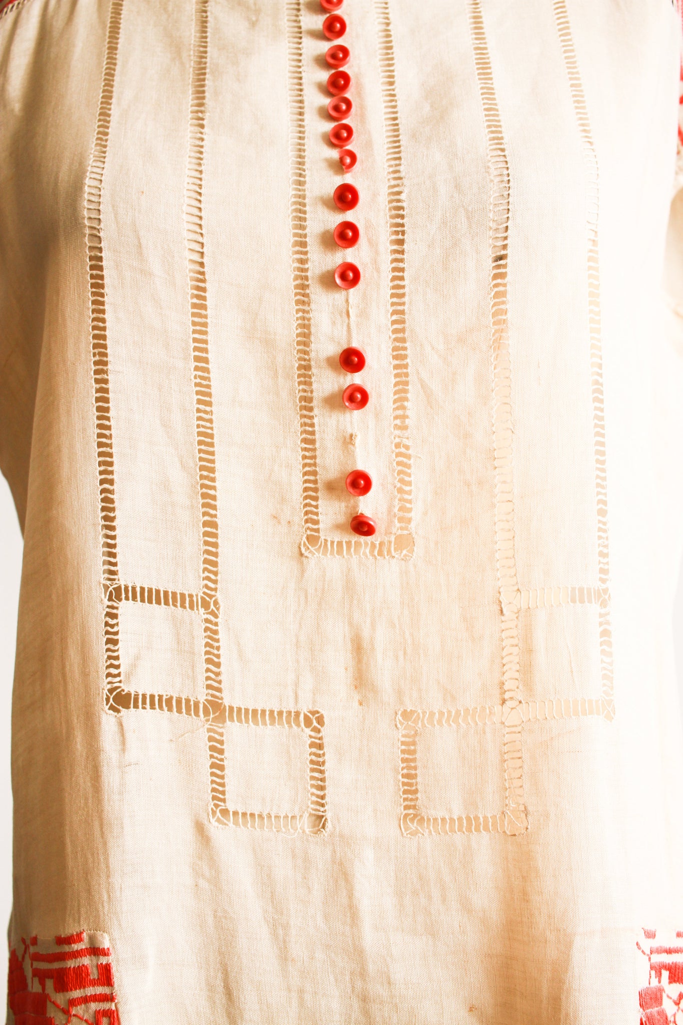 1920s Coral Embroidered Linen Dress