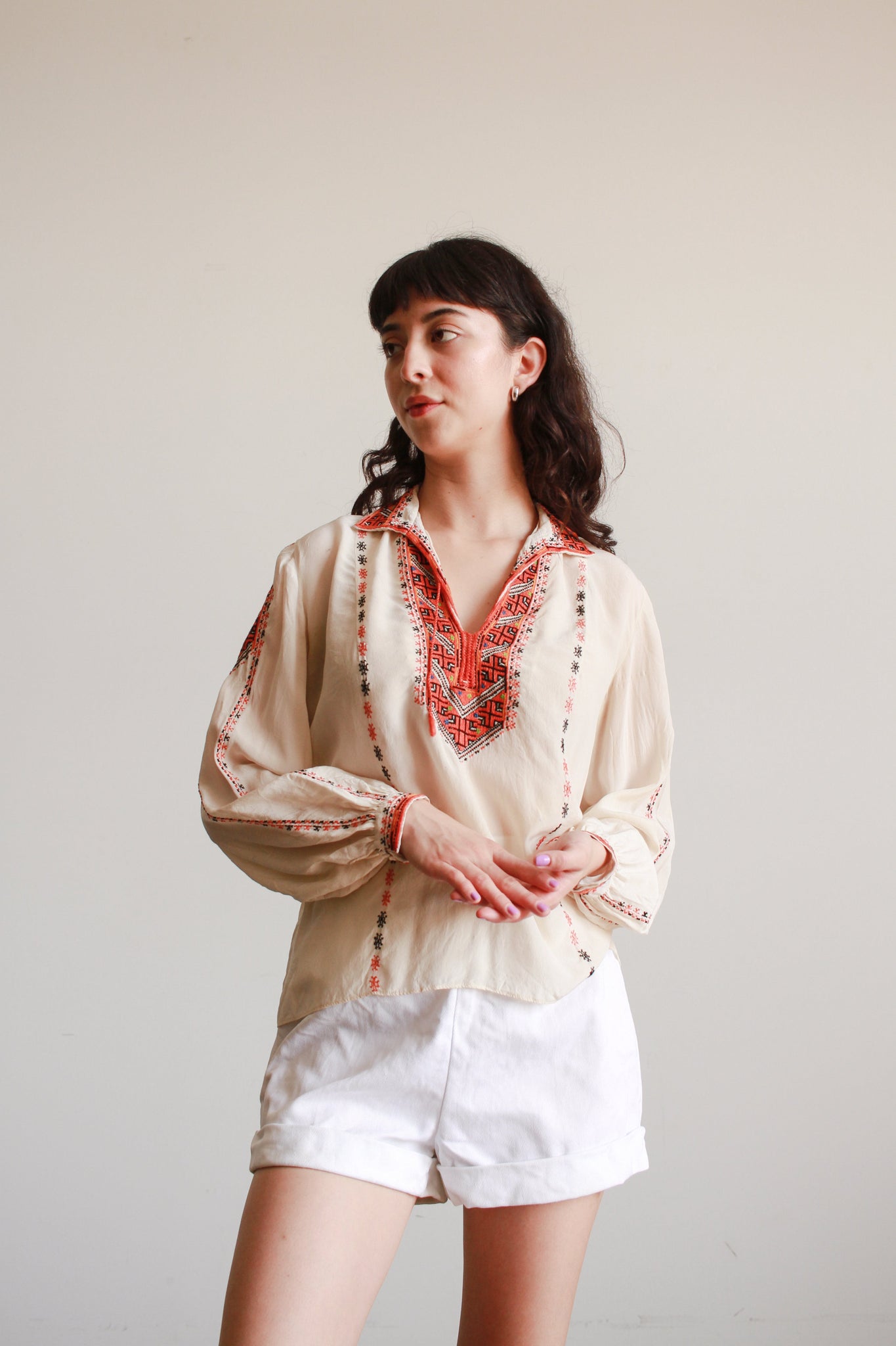 1940s Eastern European Embroidered Silk Blouse