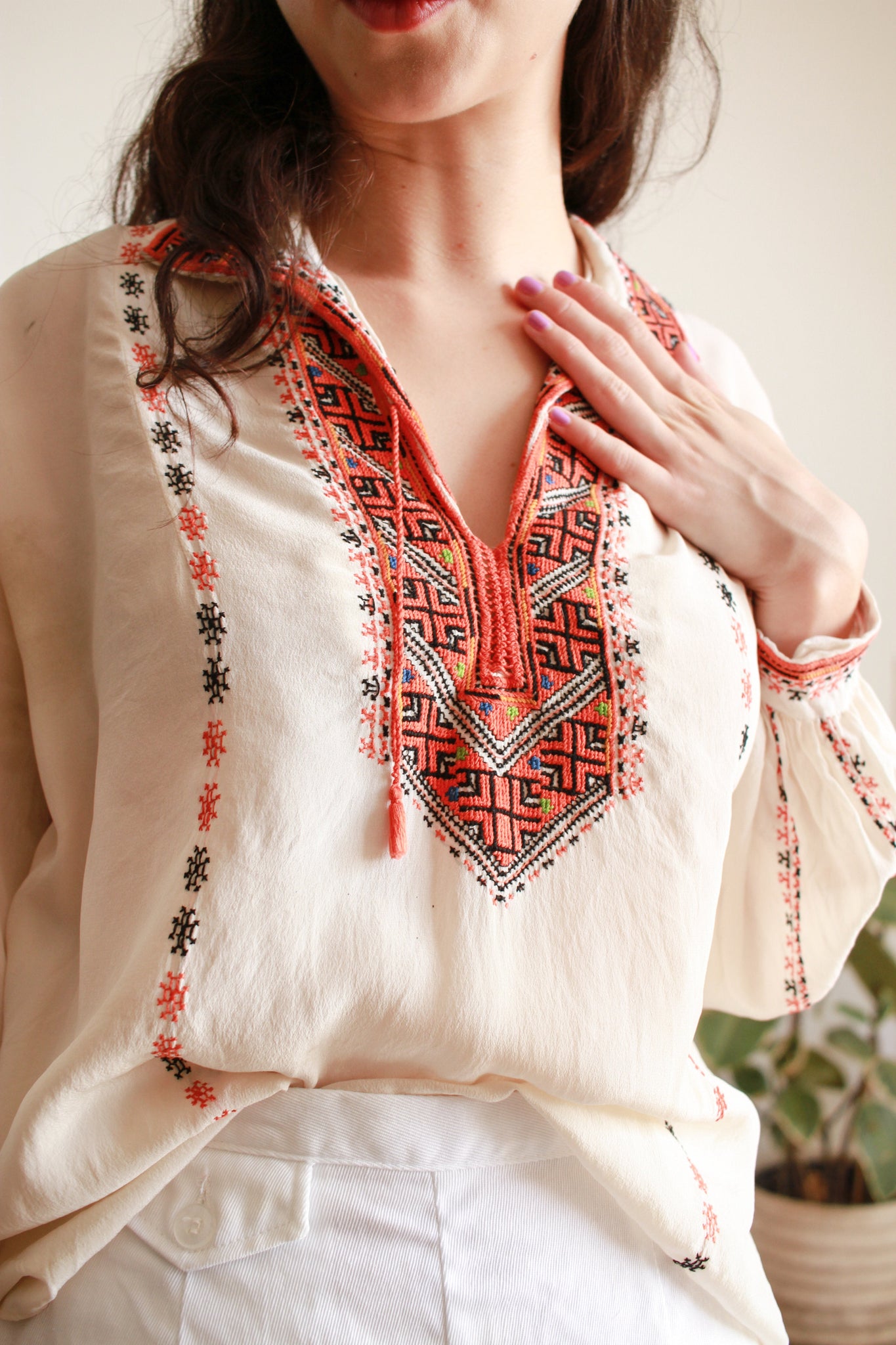 1940s Eastern European Embroidered Silk Blouse