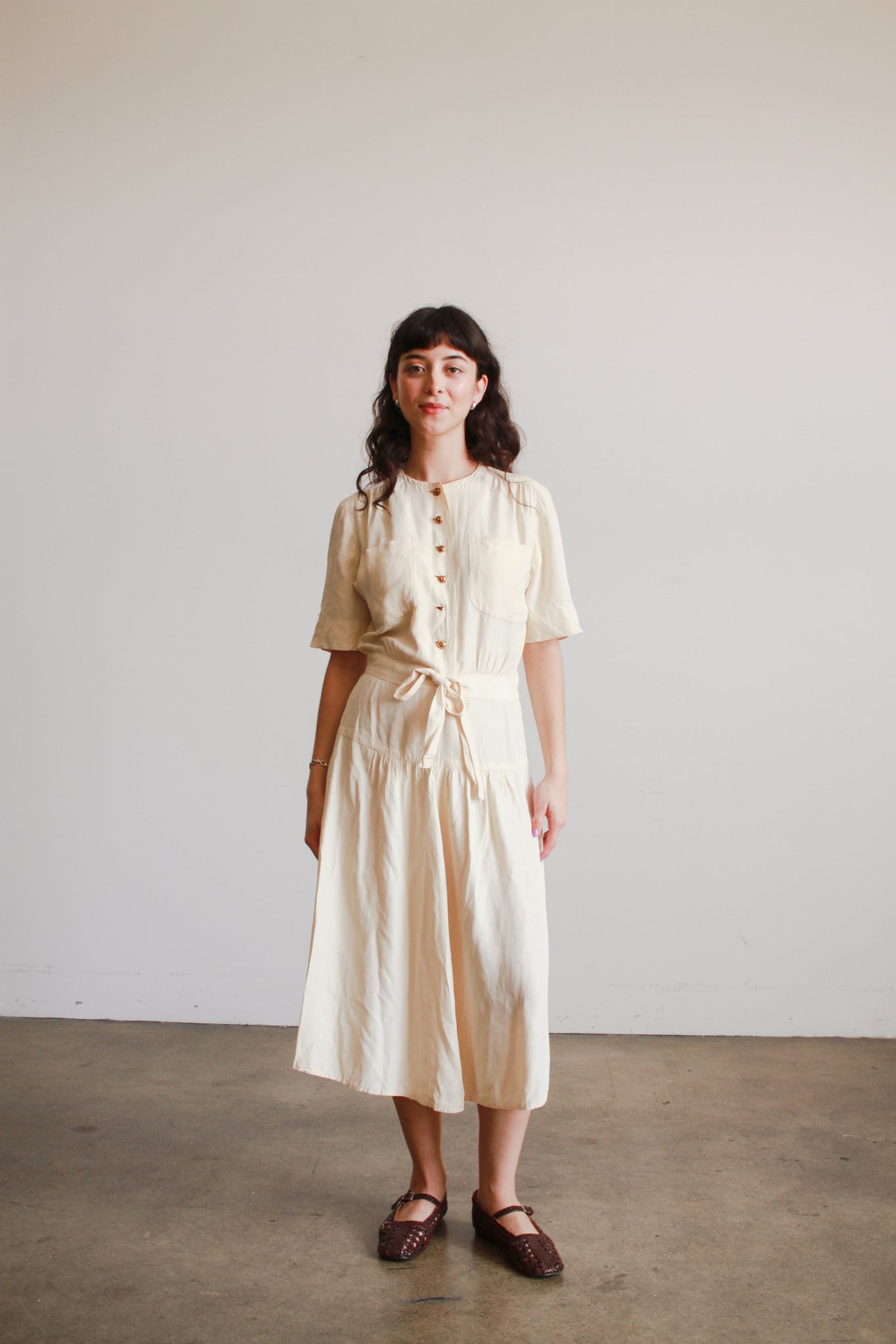 1940s Cream Rayon Button Down Dress