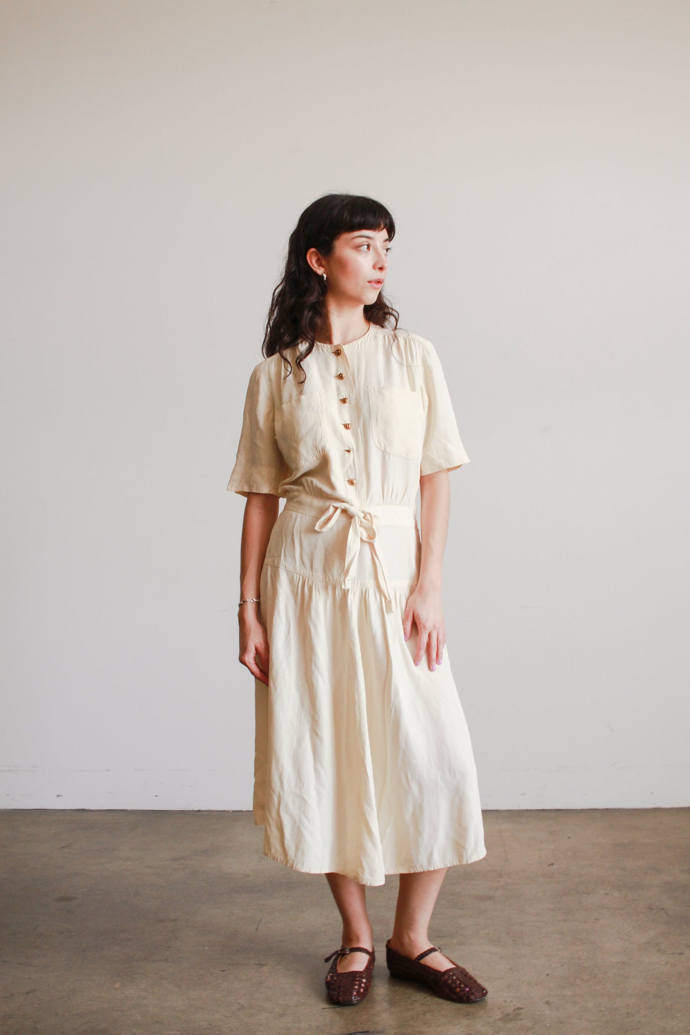 1940s Cream Rayon Button Down Dress