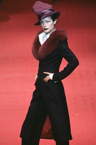 Dolce & Gabbana Vintage AW1997 Runway Charcoal Burgundy Pinstripe Fox Fur Coat and Pant Suit Set