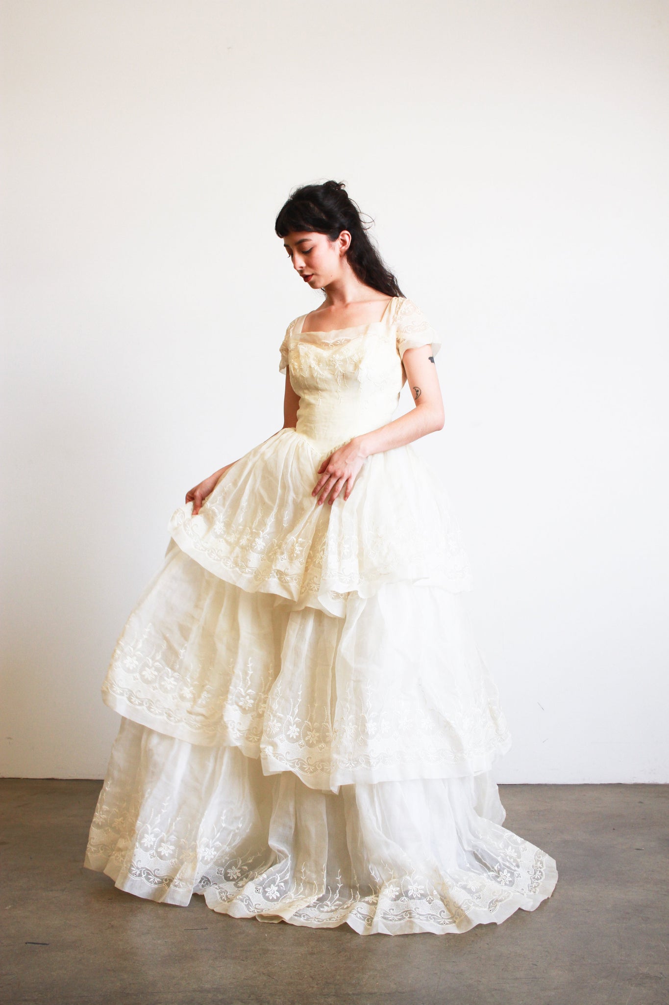 1950s Ecru Tiered Organza Embroidered Gown