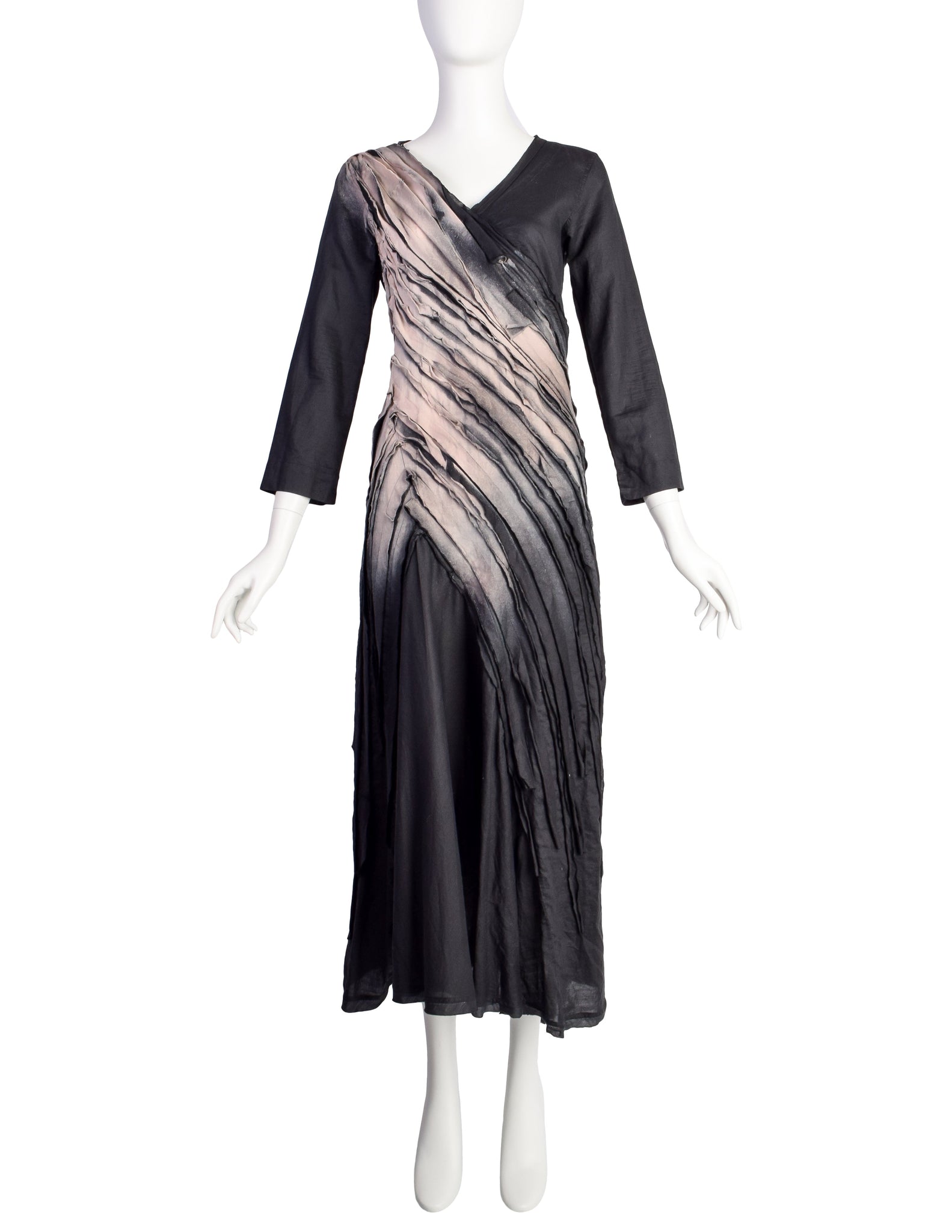 Issey Miyake Vintage SS 2006 Black Sand Distressed Overdyed Gathered Pleated Dress