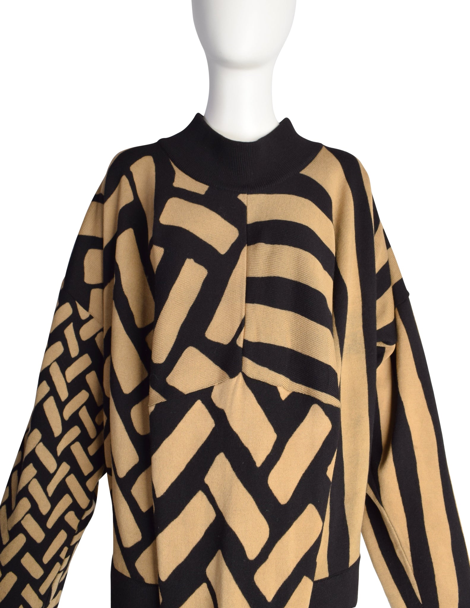 Issey Miyake Vintage AW 1986 Men's Rare Light Brown Black Striped and Spotted 3 Arm Wool Sweater