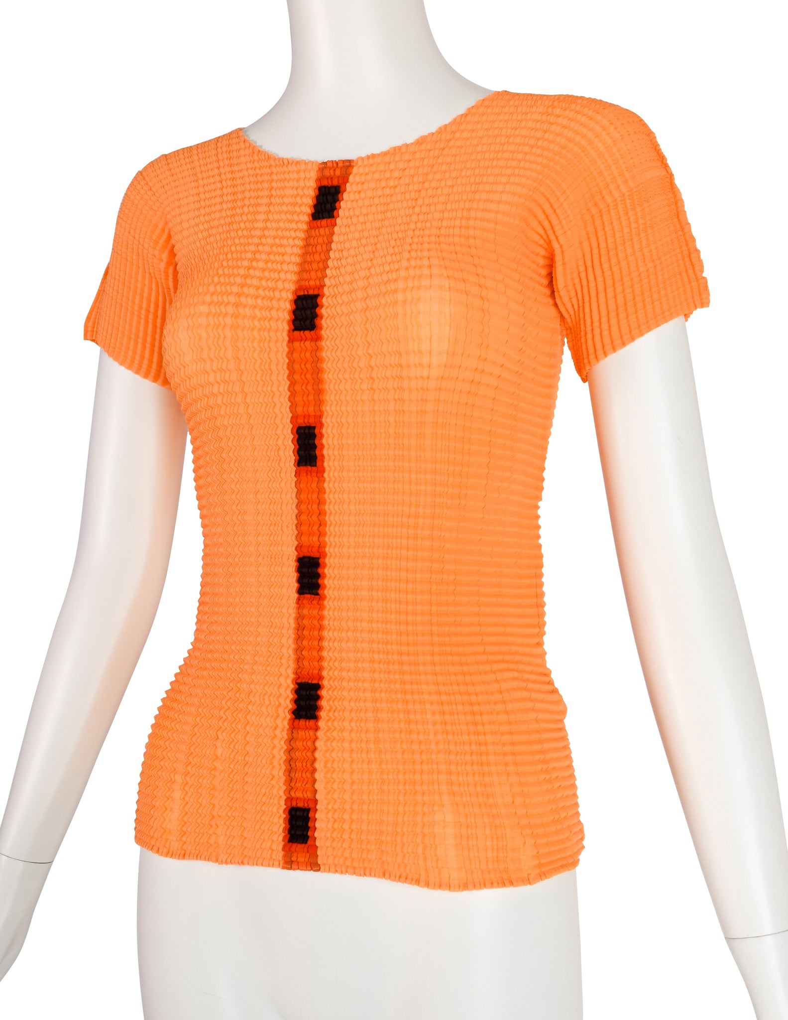 Issey Miyake Vintage Tangerine Geometric Stripe Pleated T-Shirt Top