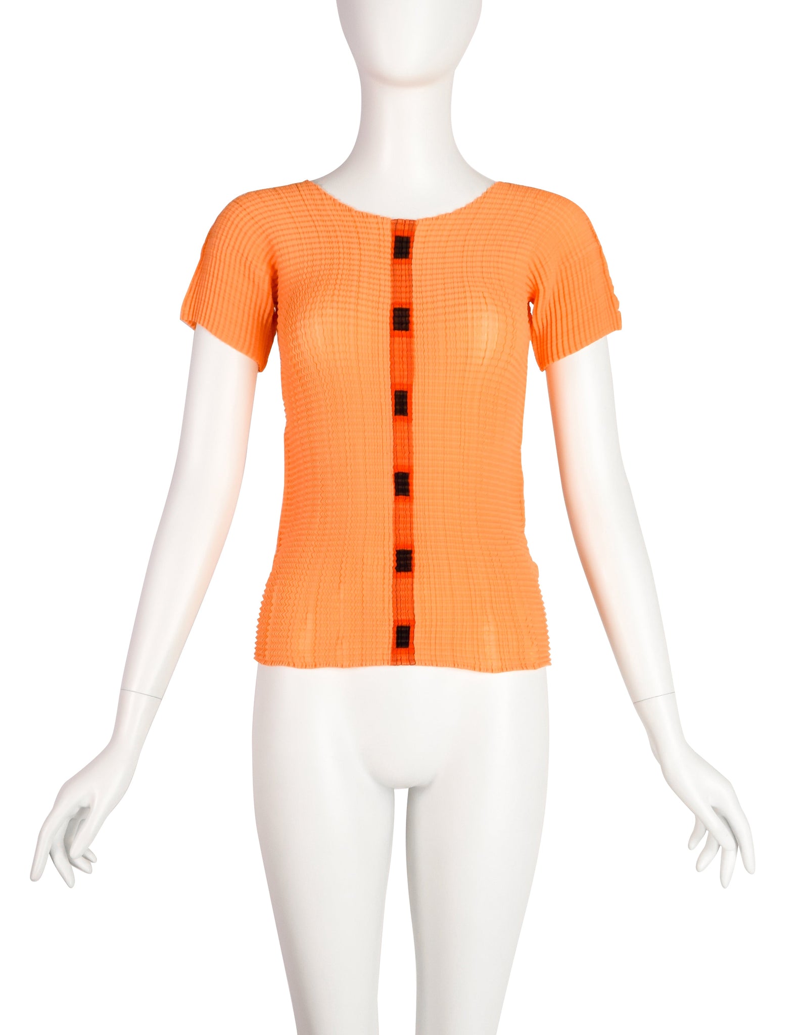 Issey Miyake Vintage Tangerine Geometric Stripe Pleated T-Shirt Top