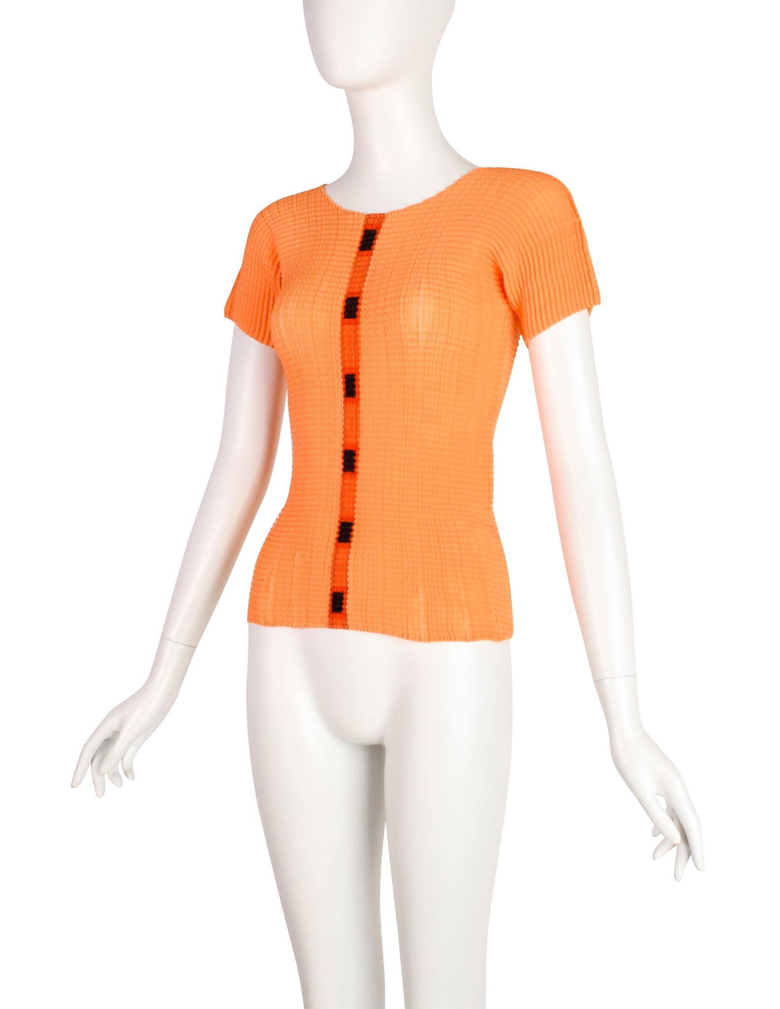 Issey Miyake Vintage Tangerine Geometric Stripe Pleated T-Shirt Top