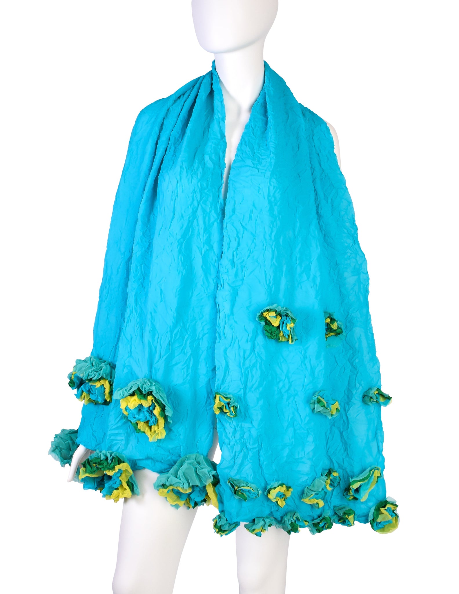 Issey Miyake Vintage Turquoise Aqua Green Crinkle Pleated Flower Scarf