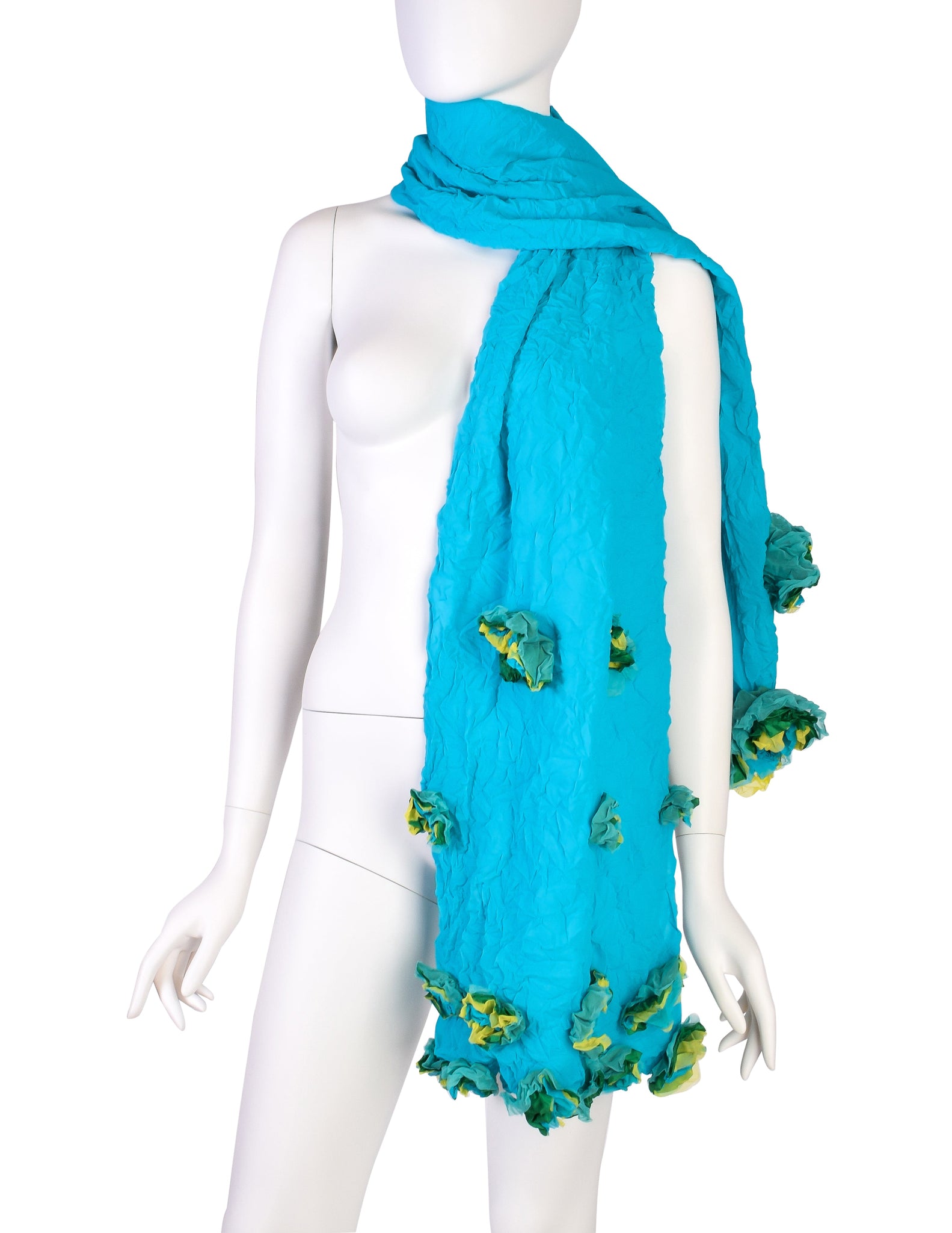 Issey Miyake Vintage Turquoise Aqua Green Crinkle Pleated Flower Scarf