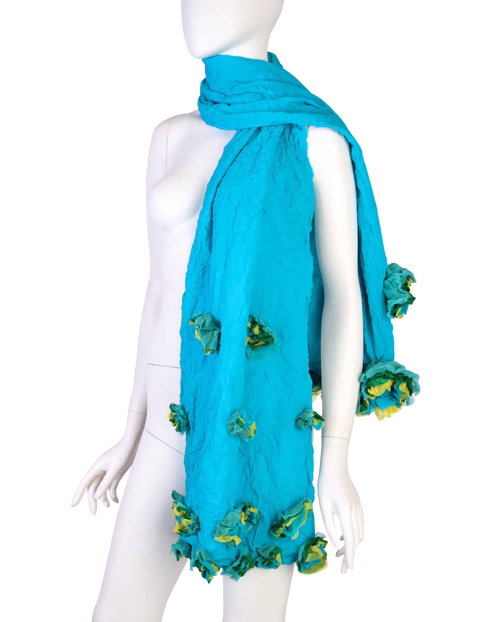 Issey Miyake Vintage Turquoise Aqua Green Crinkle Pleated Flower Scarf