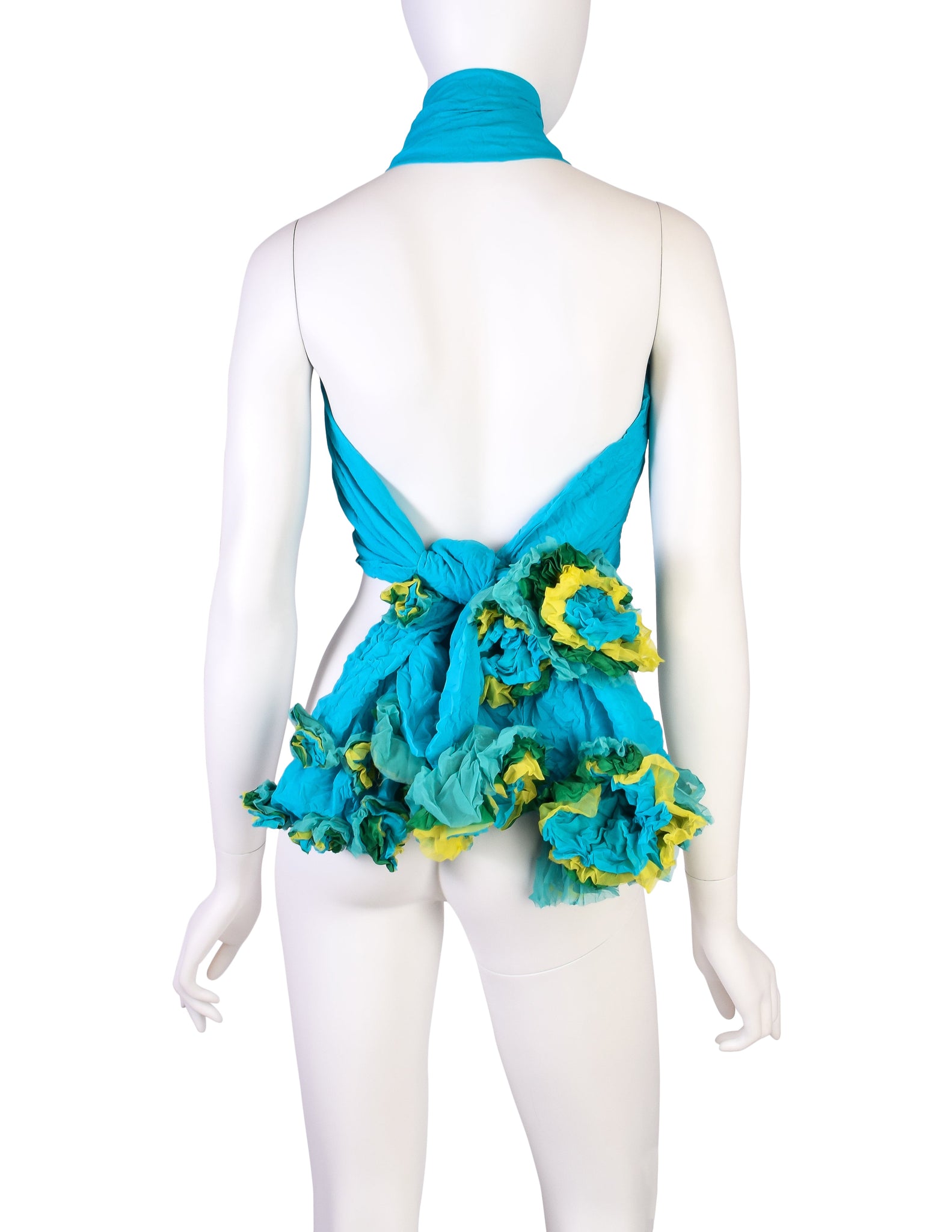 Issey Miyake Vintage Turquoise Aqua Green Crinkle Pleated Flower Scarf