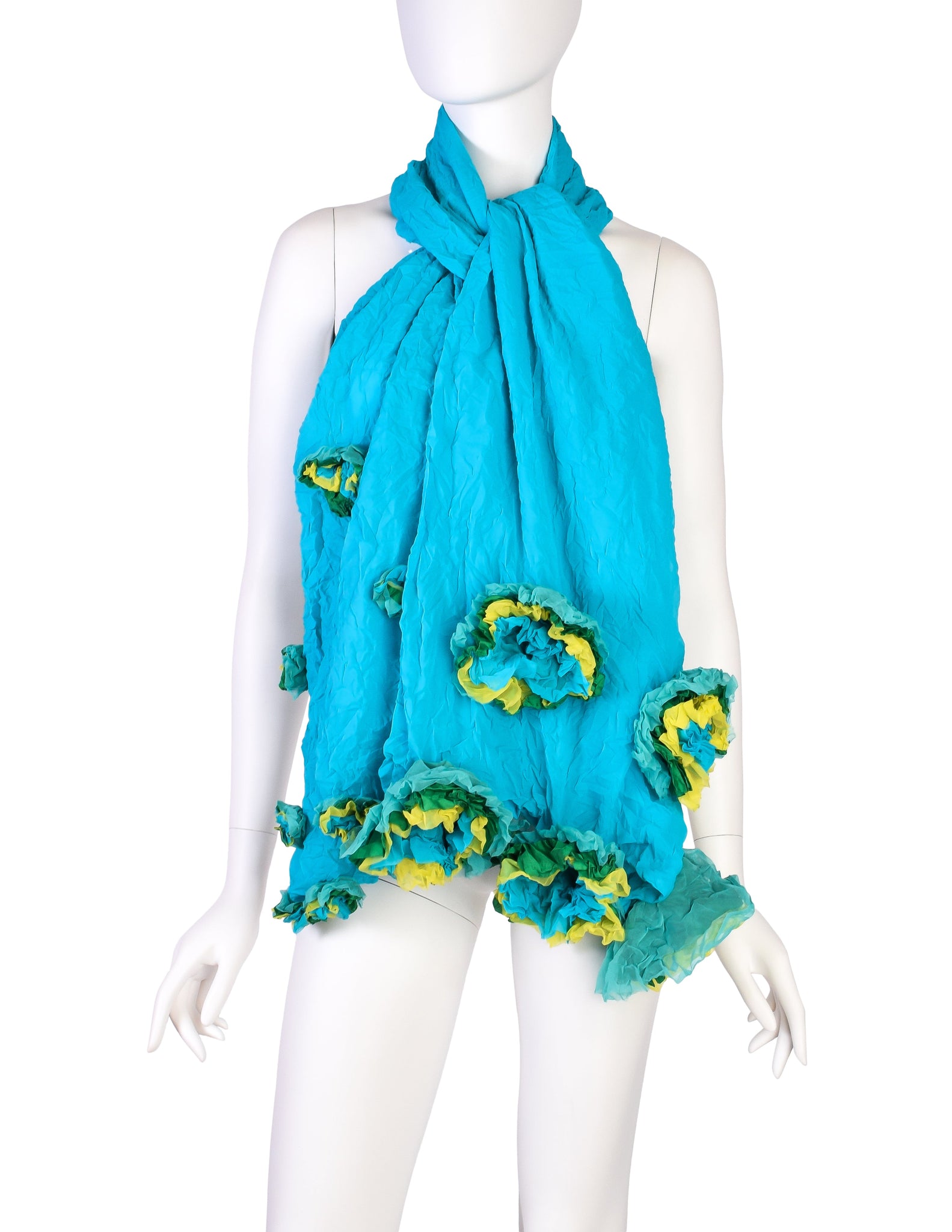 Issey Miyake Vintage Turquoise Aqua Green Crinkle Pleated Flower Scarf