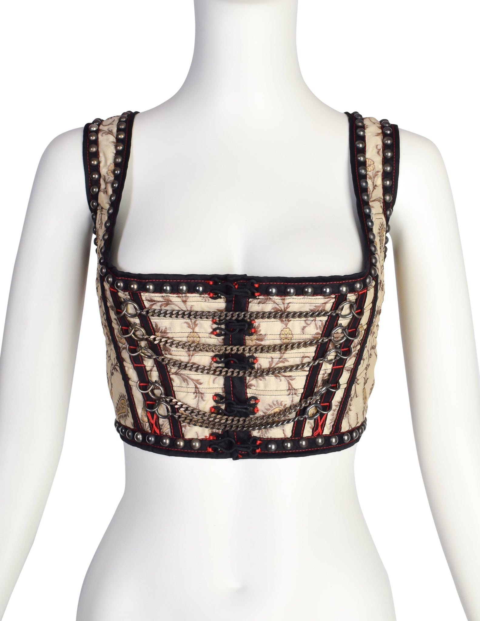 Jean Paul Gaultier Vintage SS 1994 'Les Tatouages' Iconic Brocade Studded Chain Cropped Bustier Top