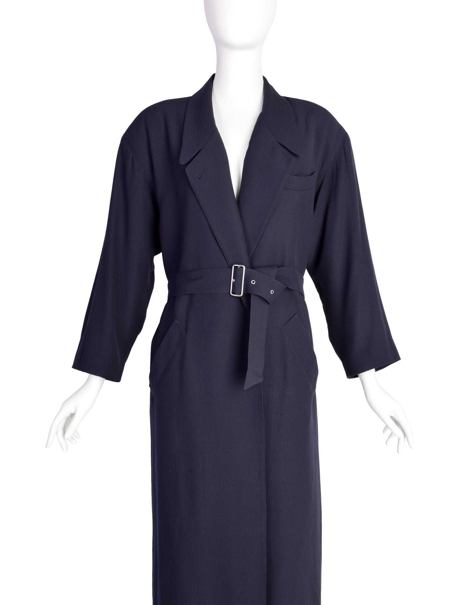 Jean Paul Gaultier Vintage Early 1980s Dark Blue Wool Gabardine Belted Trench Coat