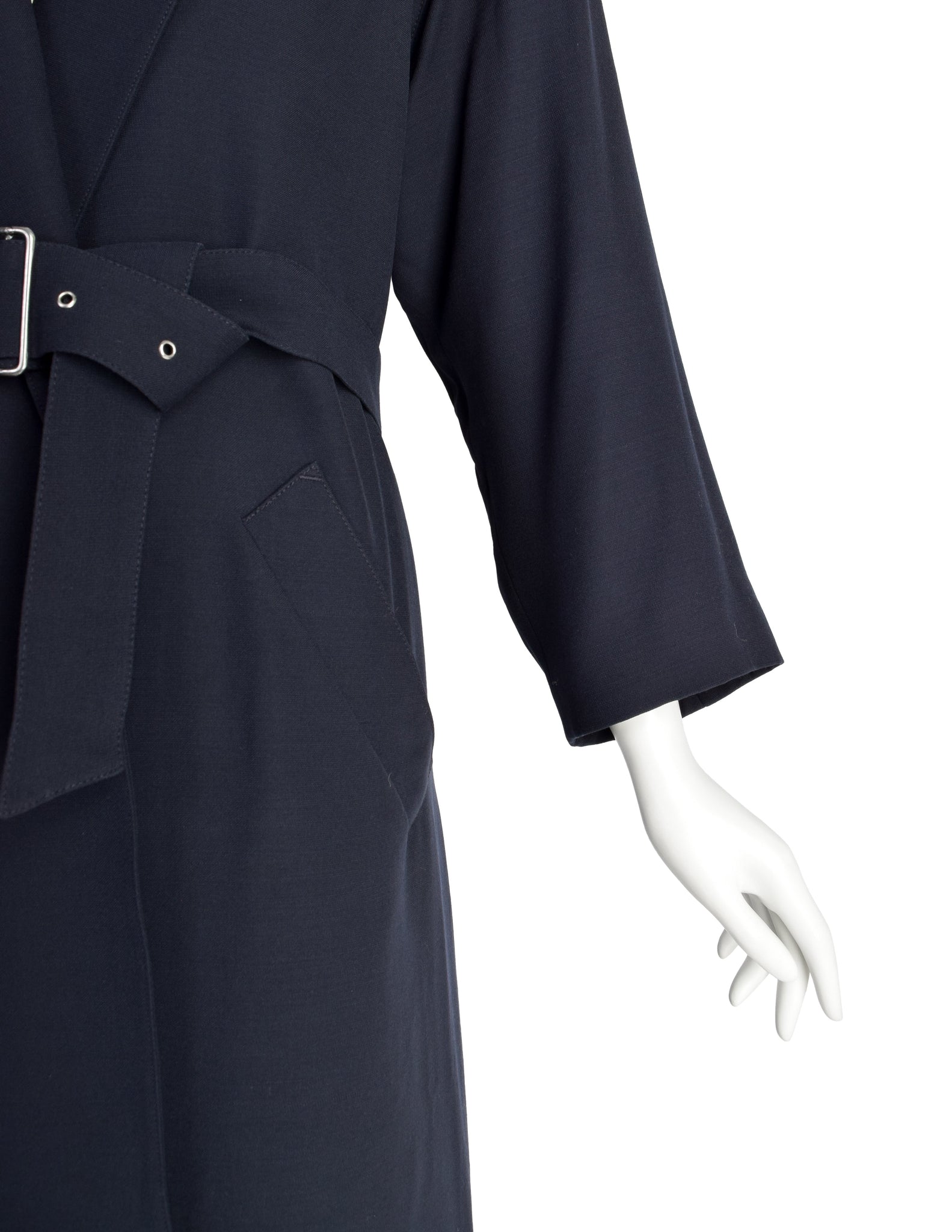 Jean Paul Gaultier Vintage Early 1980s Dark Blue Wool Gabardine Belted Trench Coat