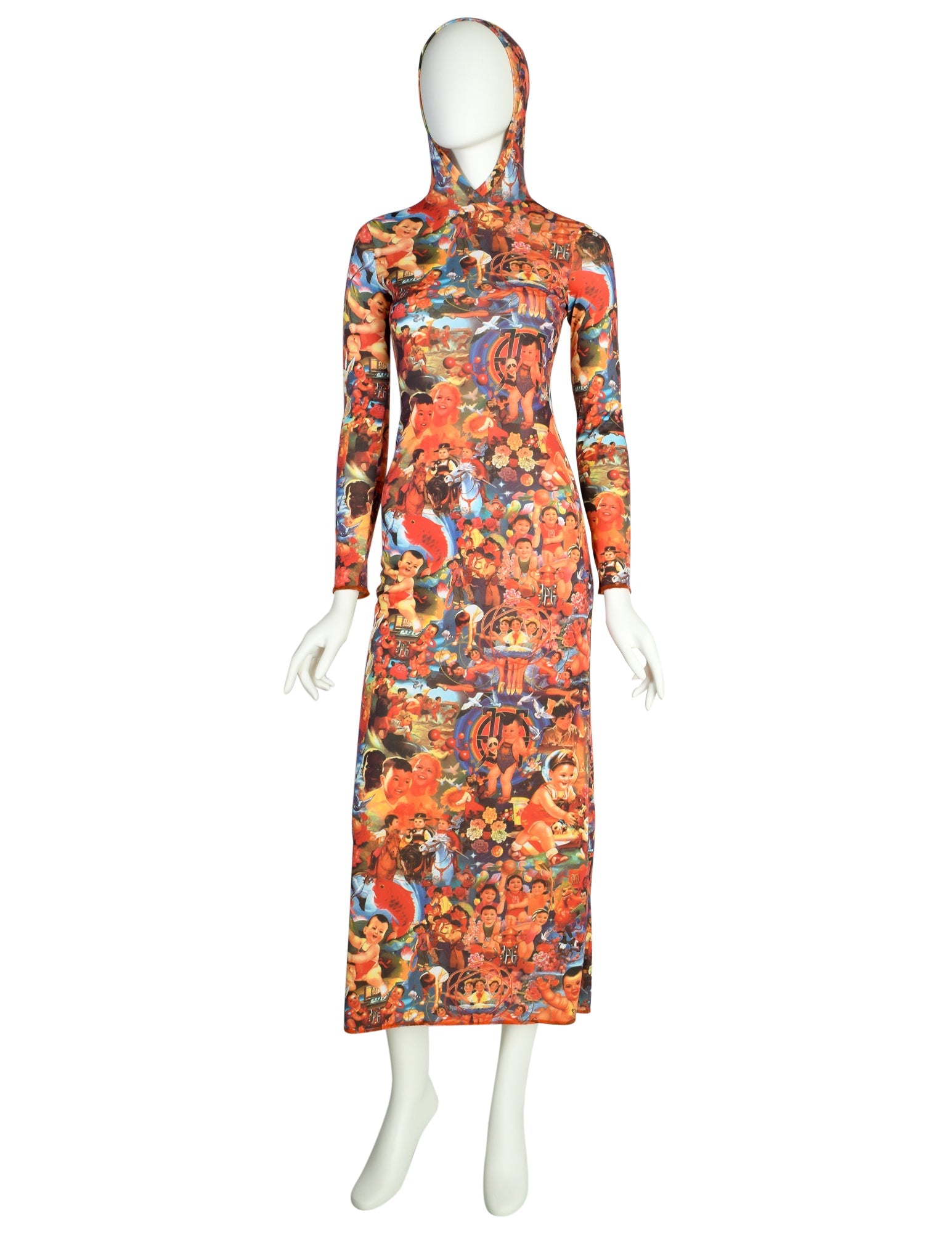 Jean Paul Gaultier Vintage "Chinese Propaganda" Multicolor Print Hooded Maxi Dress